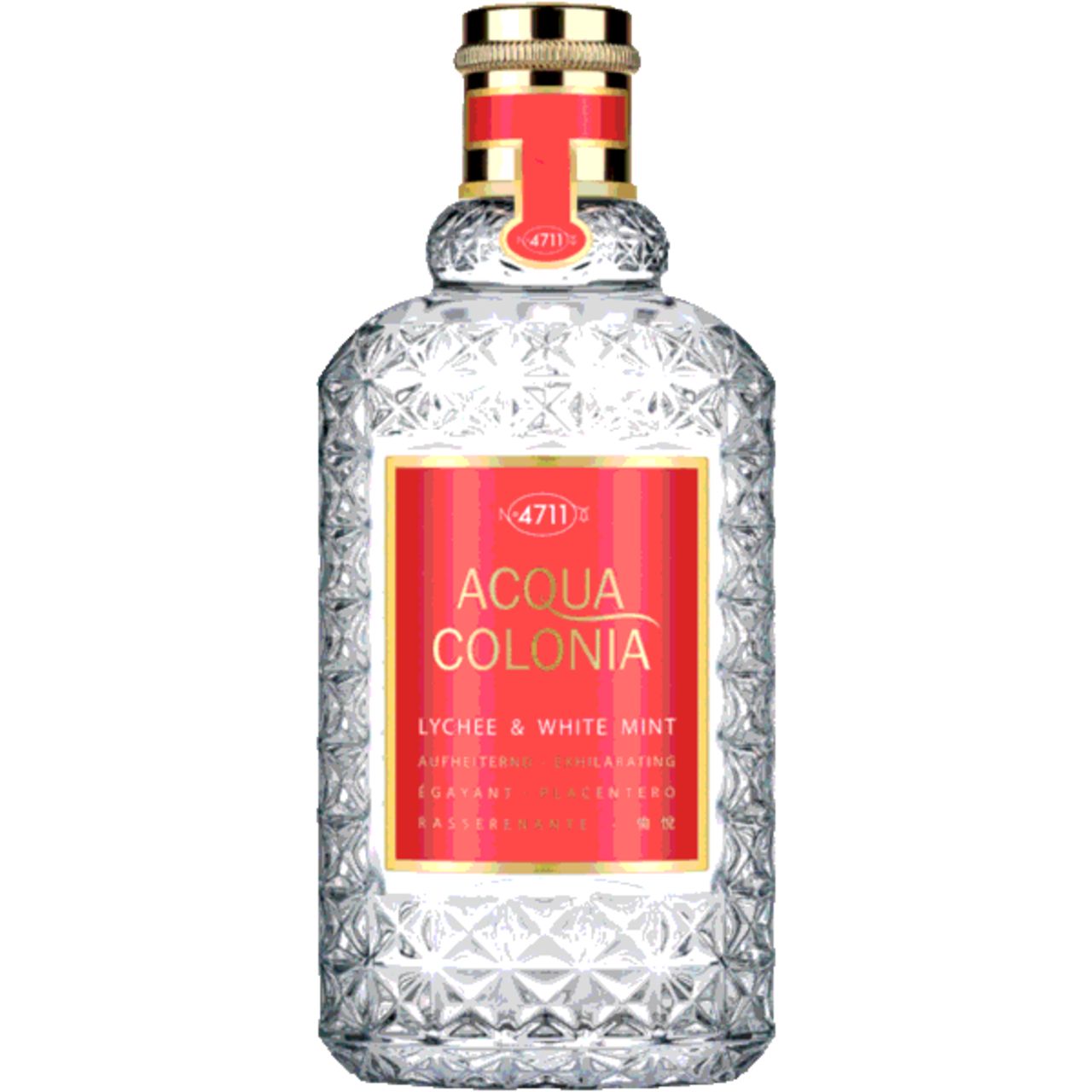 Glasflakon mit rotem Etikett und goldfarbenem Verschluss. Aufschrift: Acqua Colonia Lychee & White Mint. Geometrisches Muster auf dem Glas.