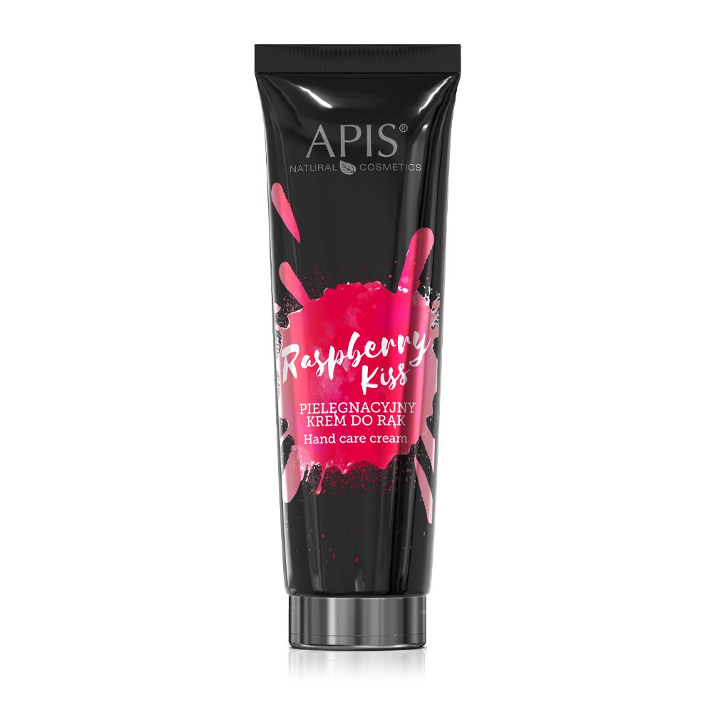 Schwarze Tube mit Aufschrift: APIS, Raspberry Kiss. Pinkfarbener Spritzer. Handcreme.