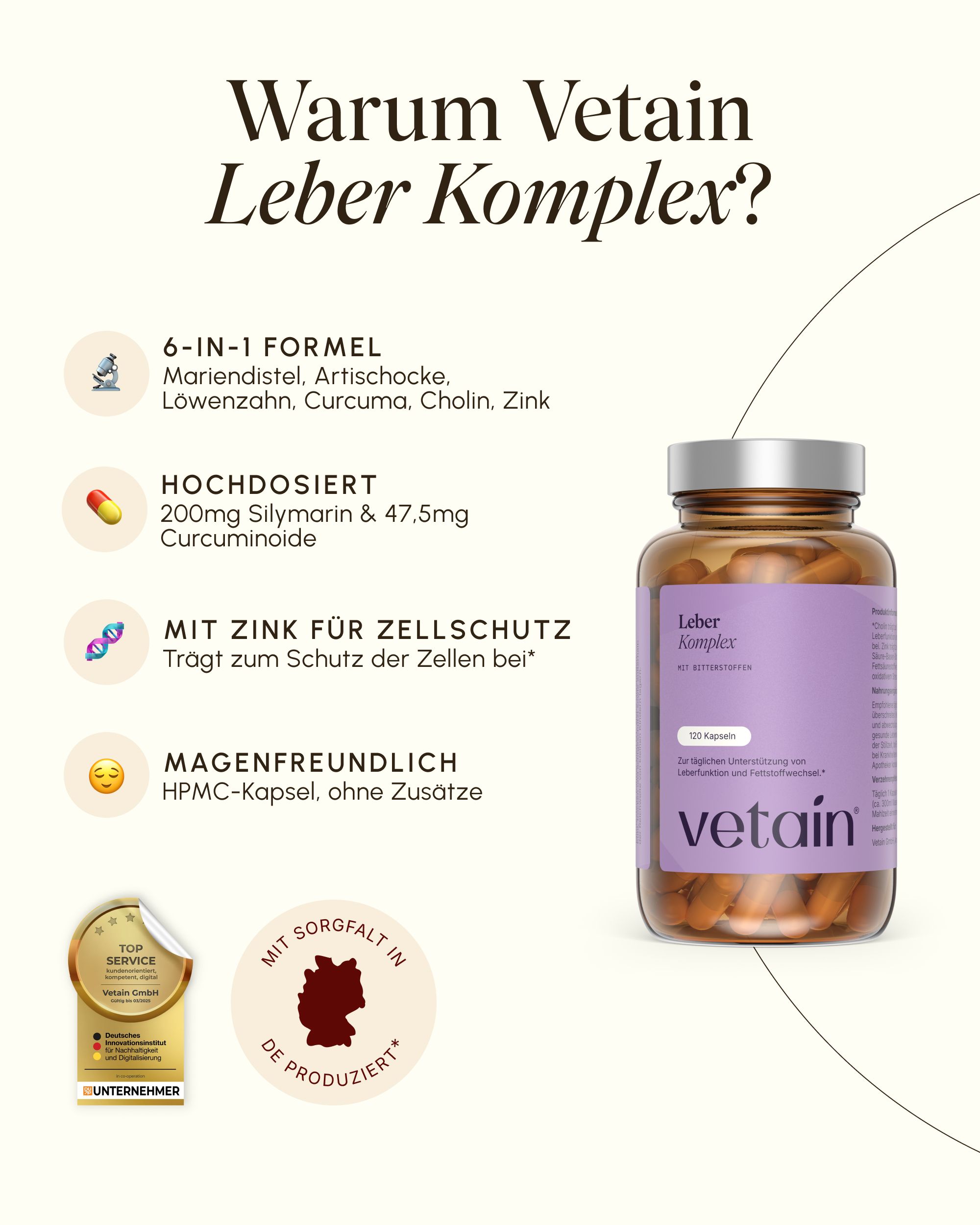 VETAIN Leber Komplex: 6-in-1 Formel, hochdosiert, zellschützend, magenfreundlich. Siegel: Mit Sorgfalt in DE produziert.