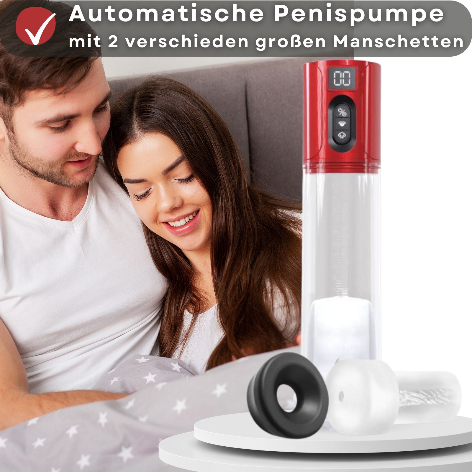 Penispumpe mit rotem Bedienfeld, Maße: 36 cm lang, 23 cm tief.