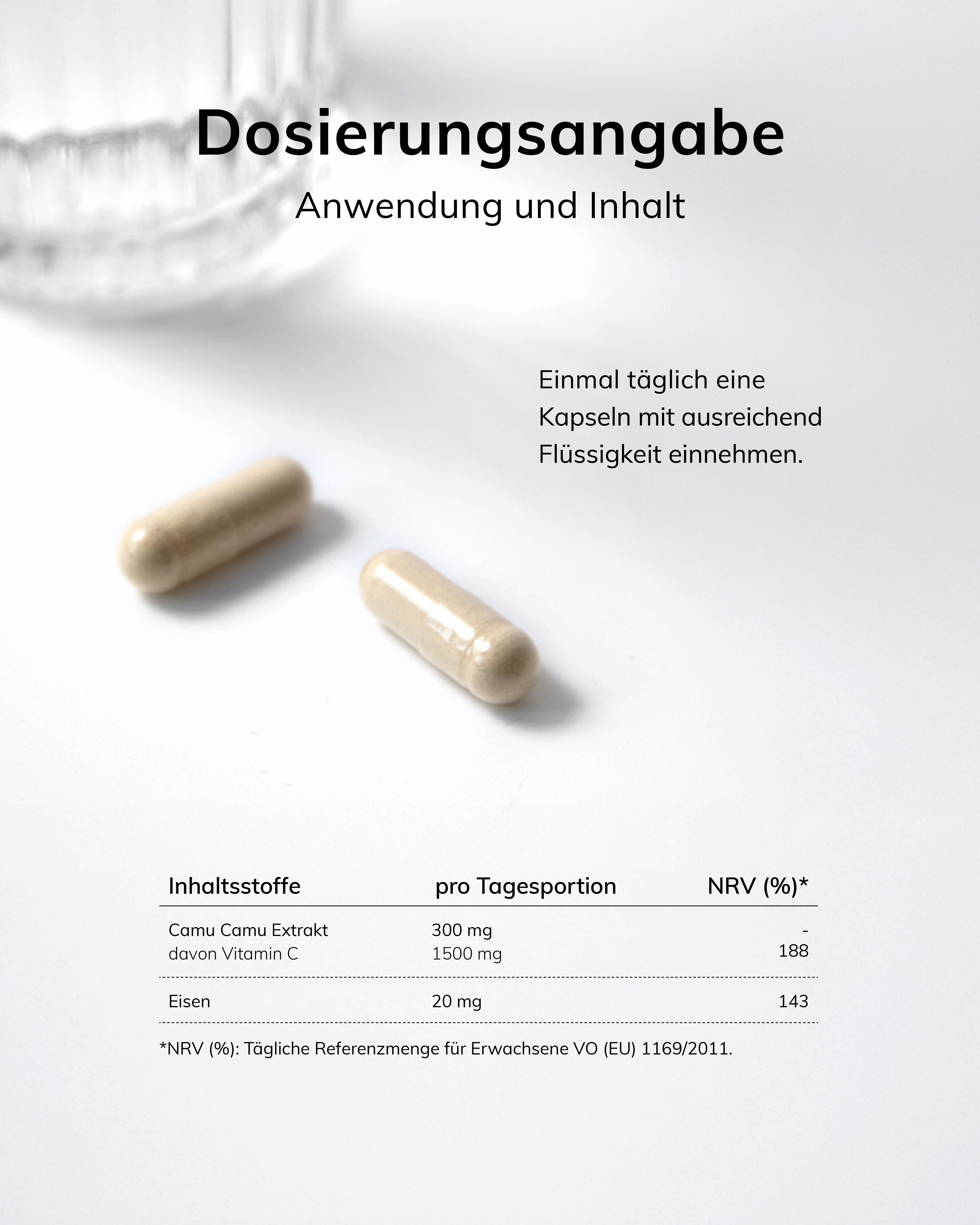 Zwei Kapseln und Text: Dosierungsangabe. Camu Camu Extrakt, Vitamin C, Eisen. Inhaltsstoffe pro Tagesportion.