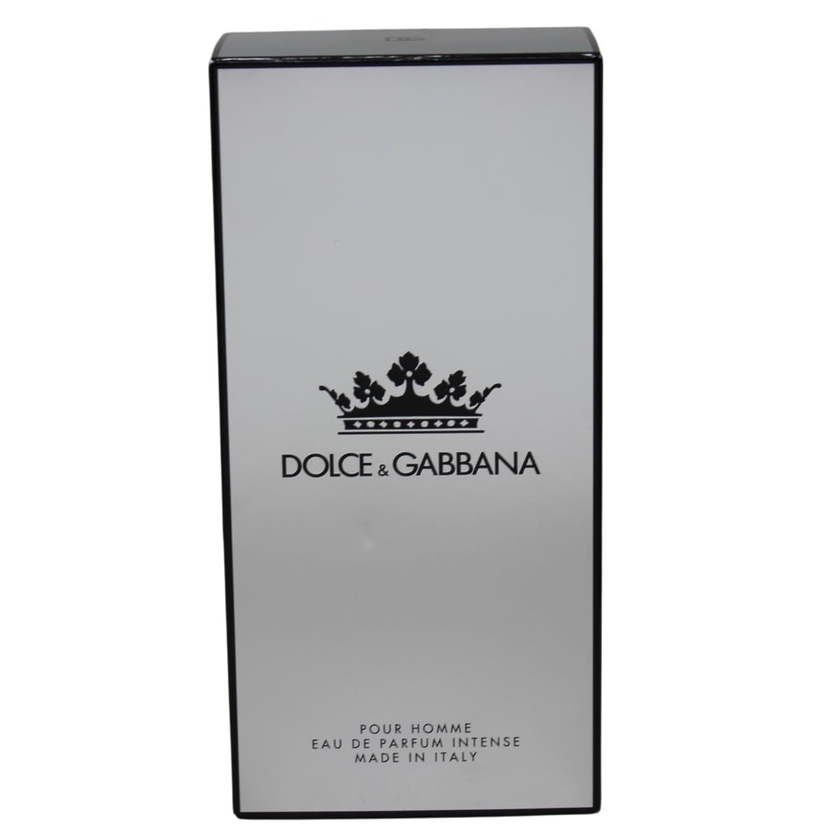 Weiße rechteckige Verpackung mit Logo und Schriftzug DOLCE & GABBANA. Text: POUR HOMME, EAU DE PARFUM INTENSE.