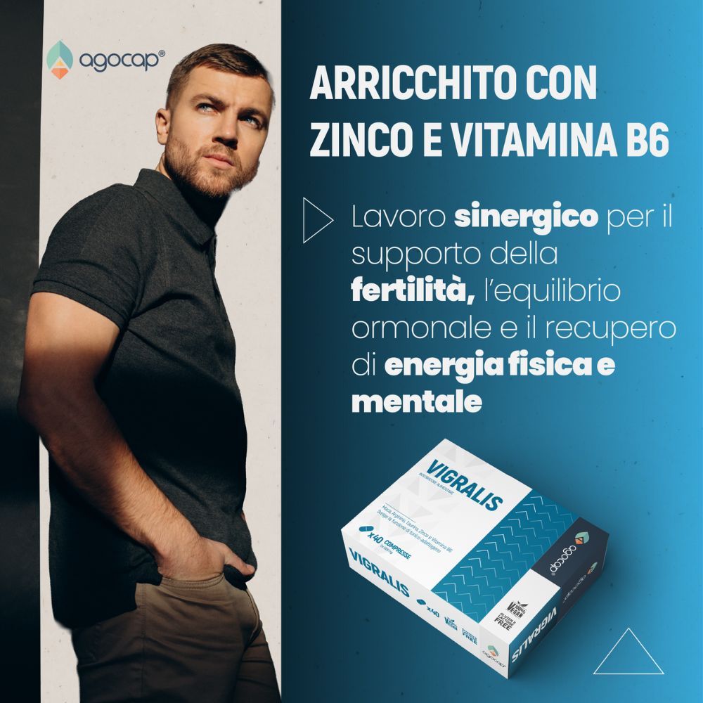 Mann mit Vigralis-Packung. Text: Angereichert mit Zink und Vitamin B6.