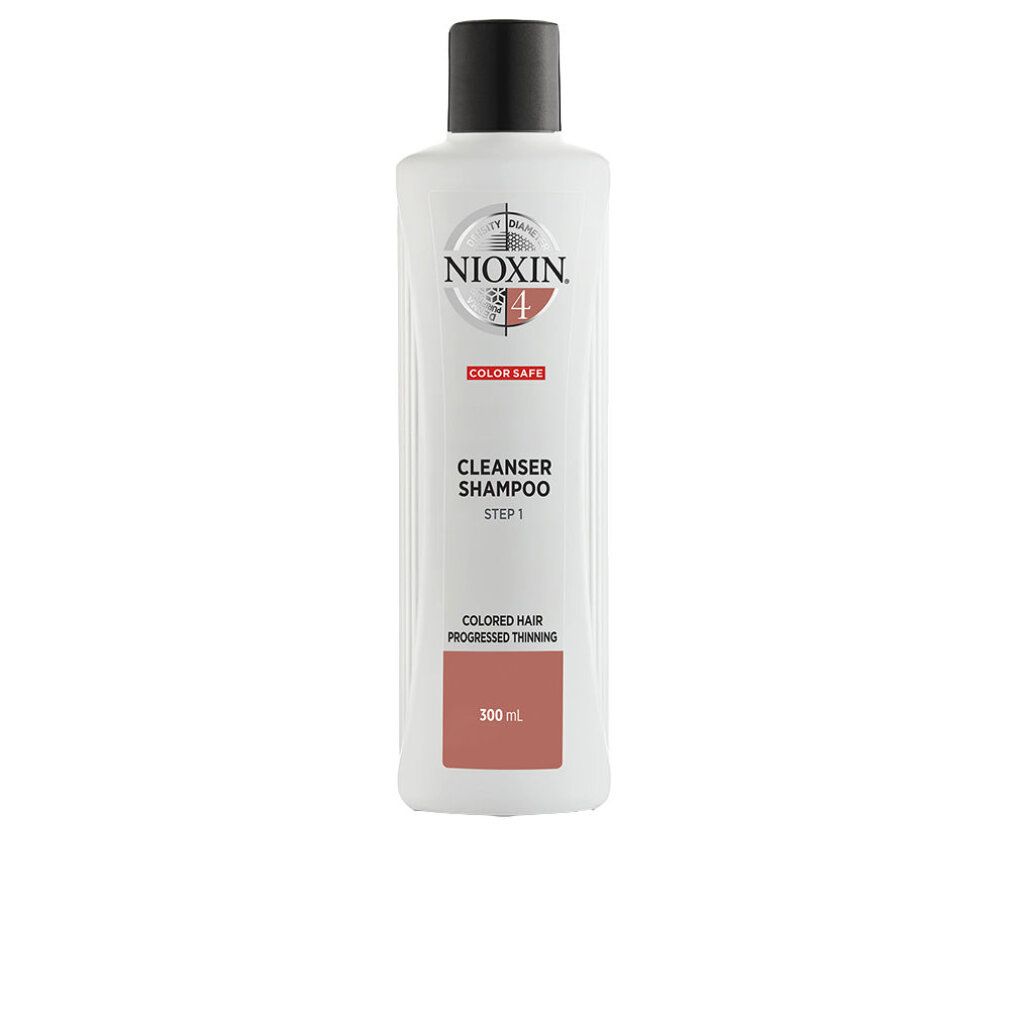 Weiße Flasche mit schwarzem Deckel. Aufschrift: Nioxin 4, Color Safe, Cleanser Shampoo, Step 1. Für coloriertes Haar.