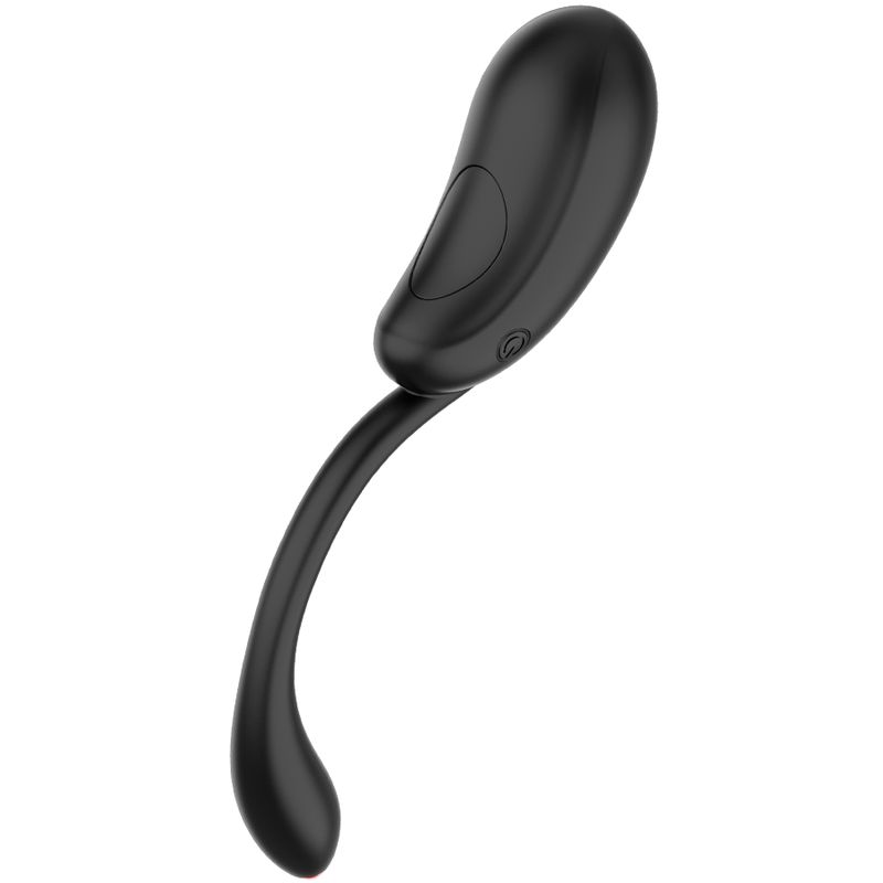 Schwarzer Vibrator mit geschwungener Form. Ein Ende ist oval, das andere abgerundet. Mit Knopf.