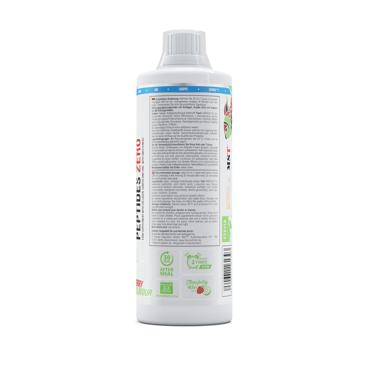 Seite der Flasche MST Fish Collagen Peptides Verisol® mit Anwendungshinweisen und Geschmacksangabe.