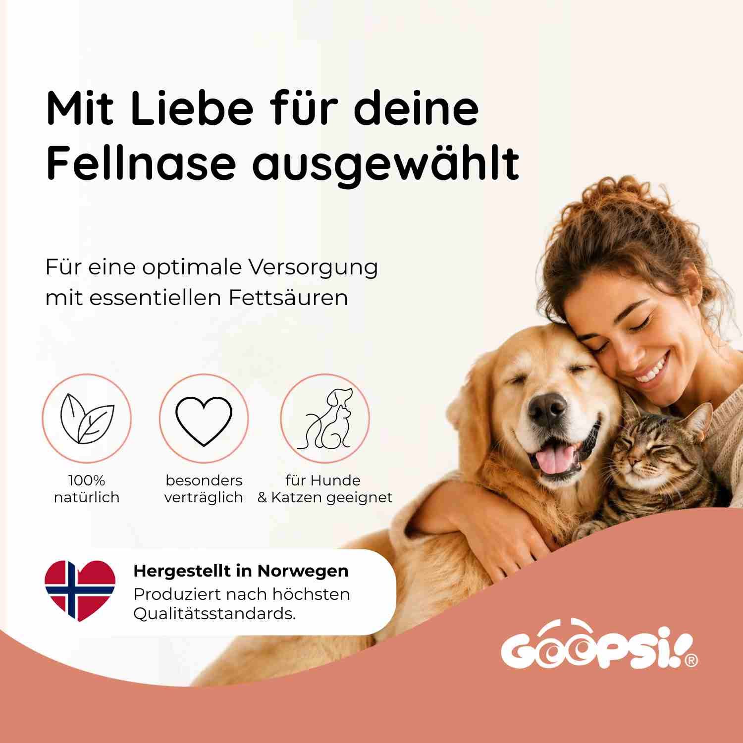 Frau umarmt Hund und Katze. Links daneben Icons: Blatt, Herz, Hund/Katze. Unten: Norwegenflagge.