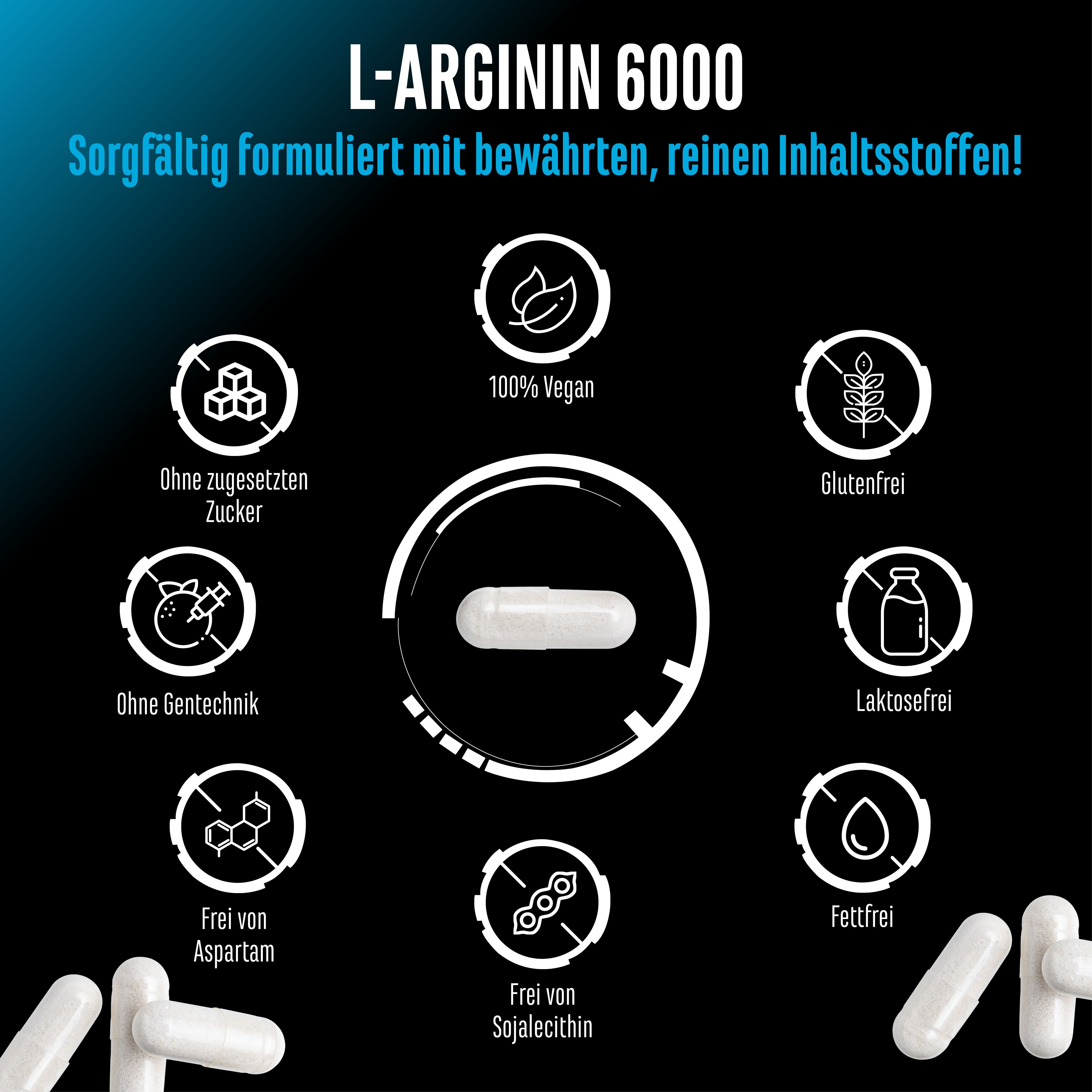 L-Arginin 6000 Kapsel. 100% vegan, ohne Zucker, Gentechnik, Aspartam, Sojalecithin, Gluten, Laktose, Fettfrei.