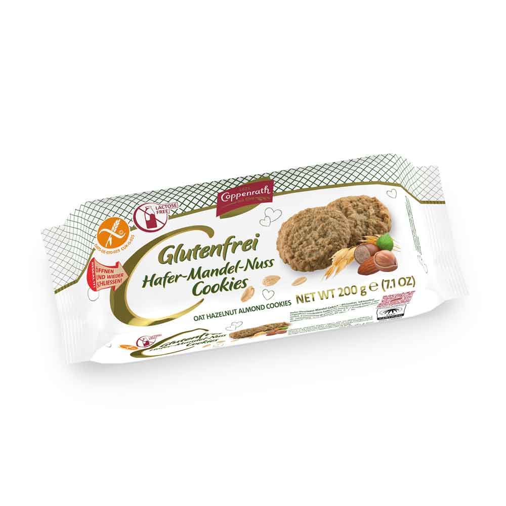 Verpackung mit glutenfreien Hafer-Mandel-Nuss Cookies. Aufschrift: Glutenfrei, Hafer-Mandel-Nuss Cookies, Netto 200 g.