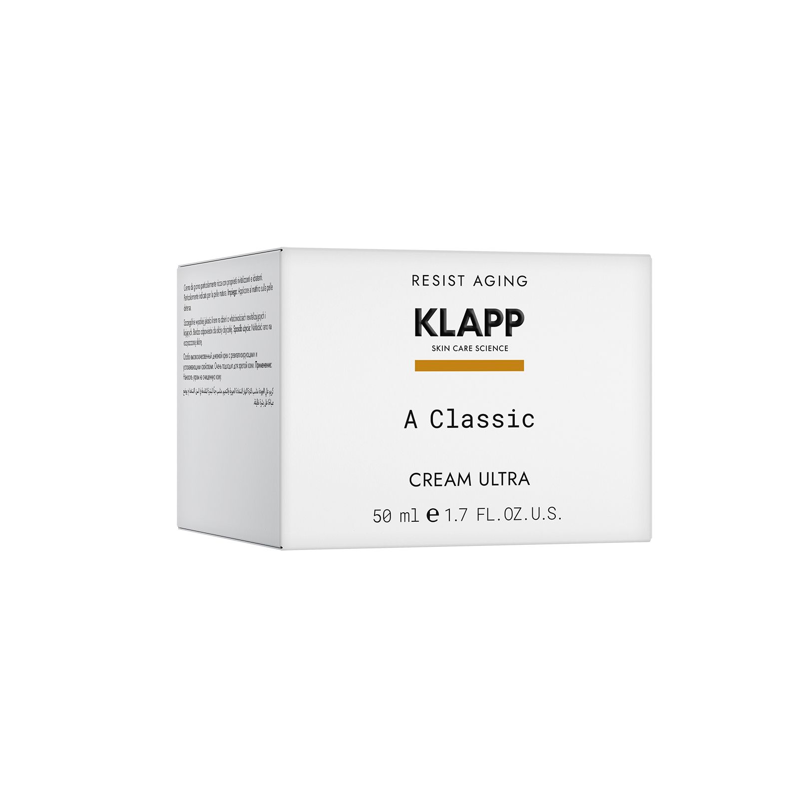 Weiße Verpackung mit Produktinformationen. Aufschrift: KLAPP, A Classic CREAM ULTRA, 50 ml.