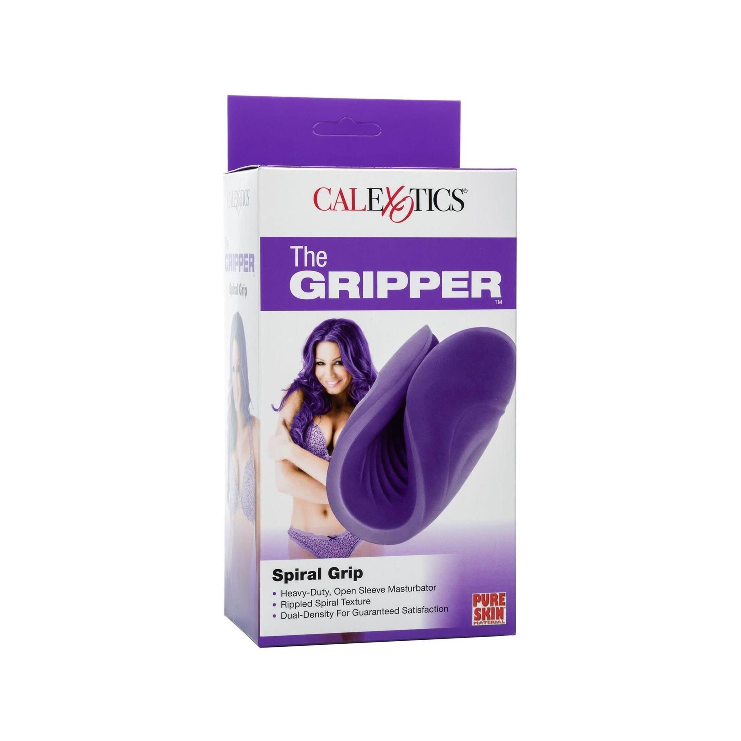 Verpackung mit Produkt. Marke CalExotics. Produktname: The Gripper, Spiral Grip. Lila Produkt abgebildet.