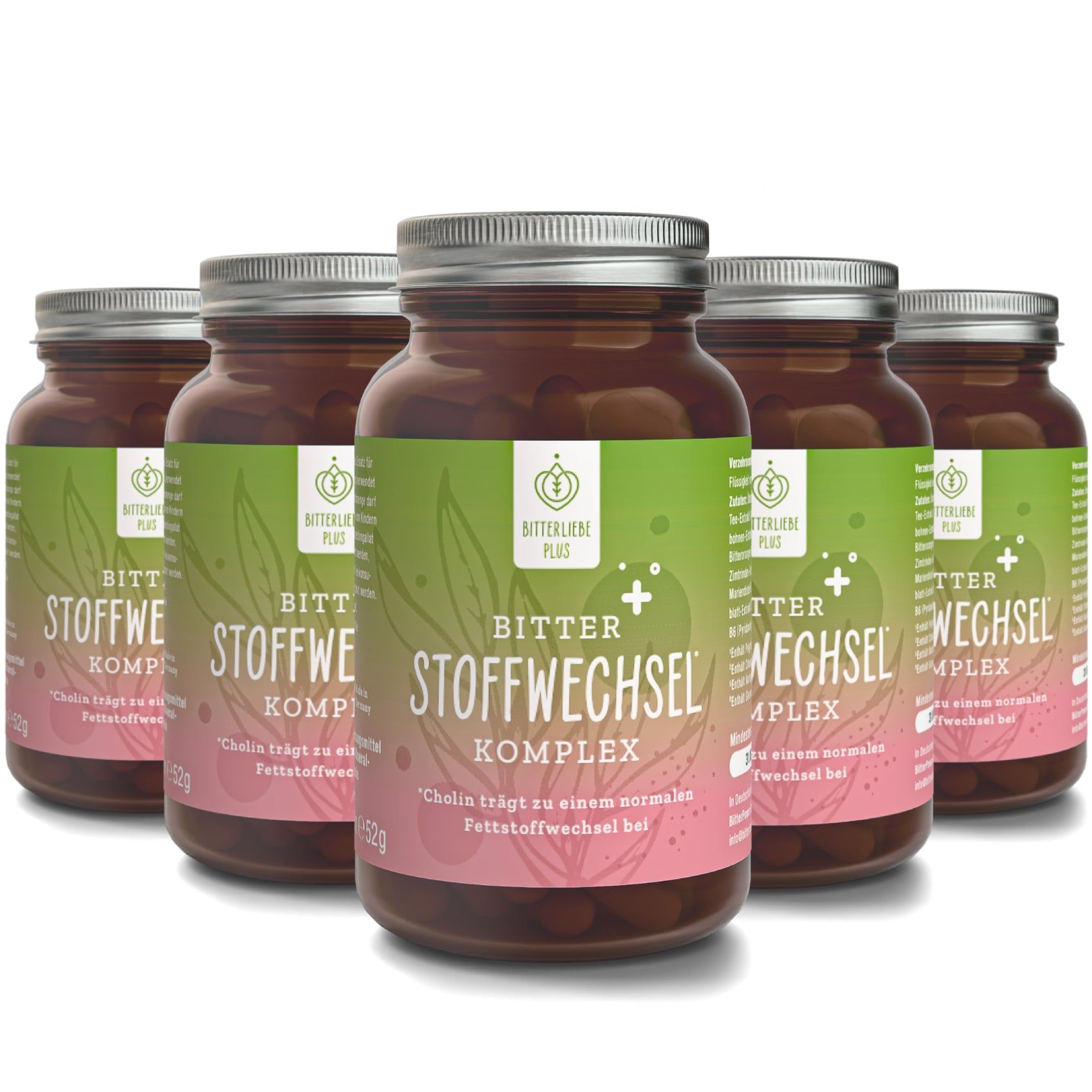 Fünf braune Glasflaschen mit grün-rosa Etiketten. Aufschrift: BitterLiebe Stoffwechsel Komplex. Flaschen stehen nebeneinander.