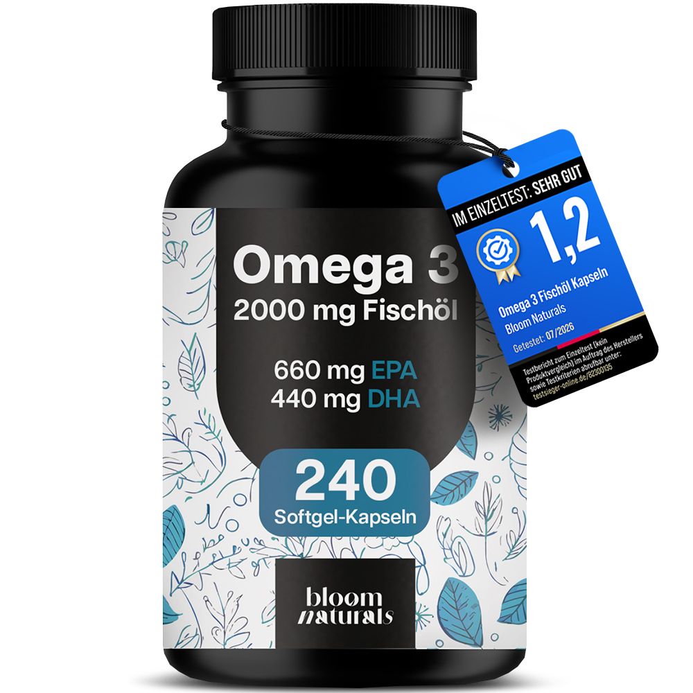 Omega 3 Fischöl Kapseln mit 2000 mg Fischöl, 660 mg EPA, 440 mg DHA, 240 Softgel-Kapseln.