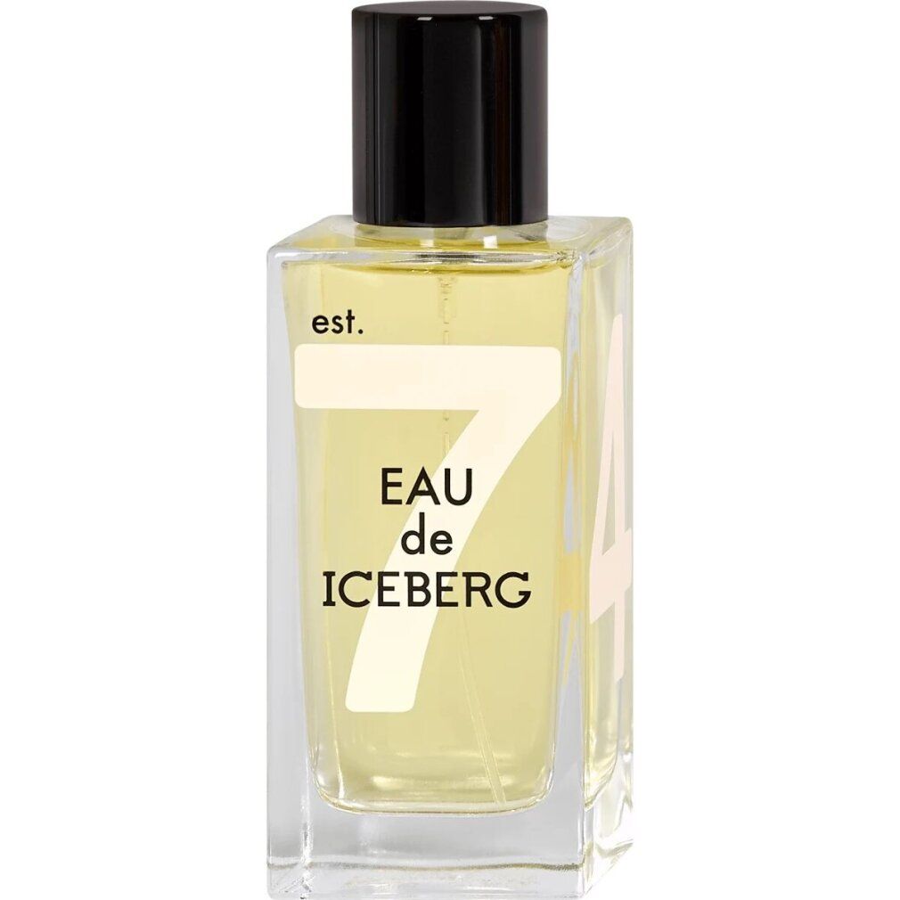 Parfümflasche. Aufschrift: Eau de Iceberg 74. Rechteckige Flasche mit schwarzem Deckel. Helle Flüssigkeit.