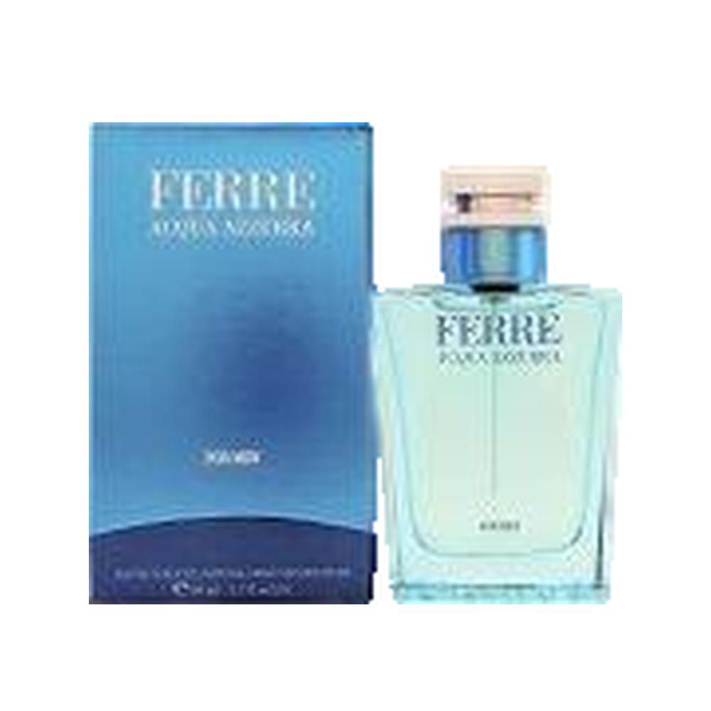 Blau-transparenter Flakon und Schachtel. Aufschrift: FERRÉ AQUA AZZURRA. Für Herren. Eckige Form. Hellblauer Inhalt. Beige-silberner Verschluss.