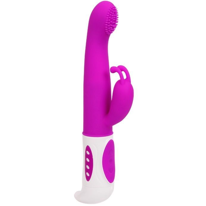 Lila Vibrator mit weißem Griff. Bürstenkopf, zwei seitliche Elemente. Drei Knöpfe am Griff.