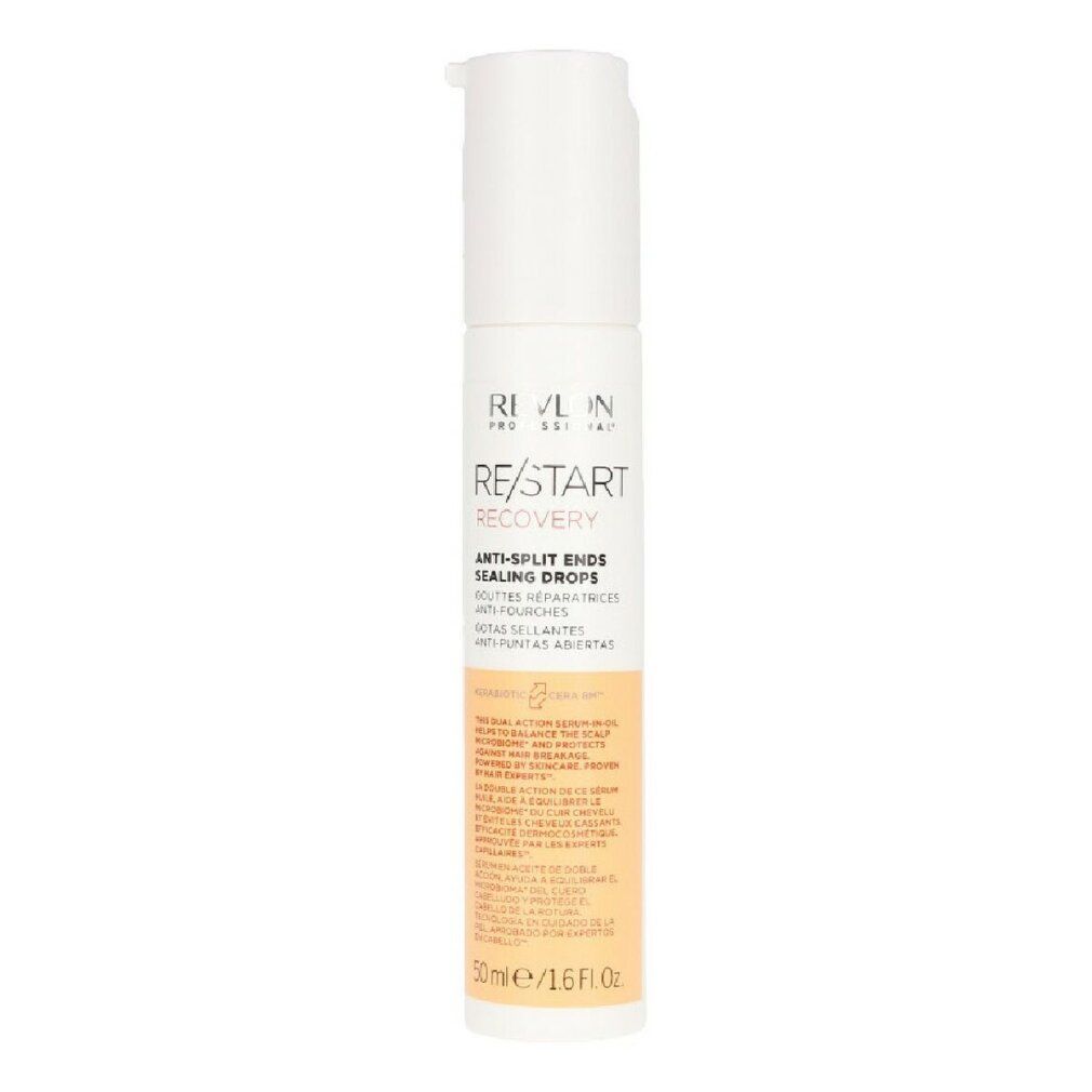 Weiß-beiger Behälter mit Produkttext: RE/START Recovery Anti-Split Ends Sealing Drops. 50ml.