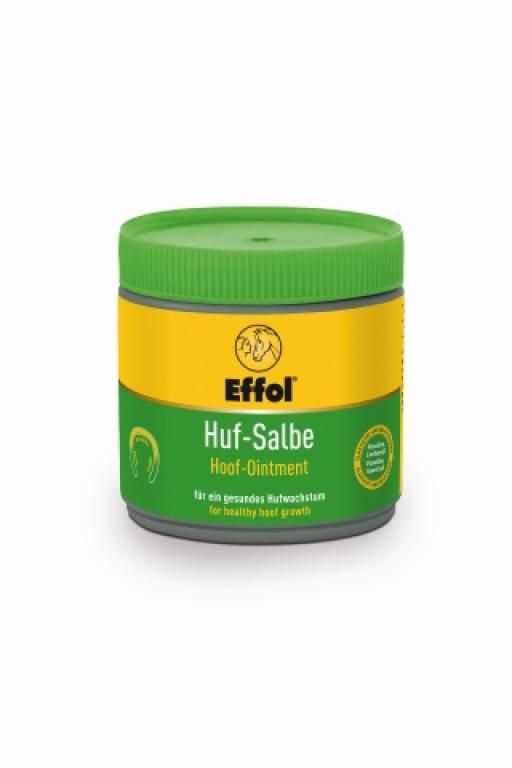 Grüne Dose mit gelbem Etikett. Aufschrift: Effol Huf-Salbe. Produkt für gesunden Hufwuchs. Grüner Deckel und grauer Boden.