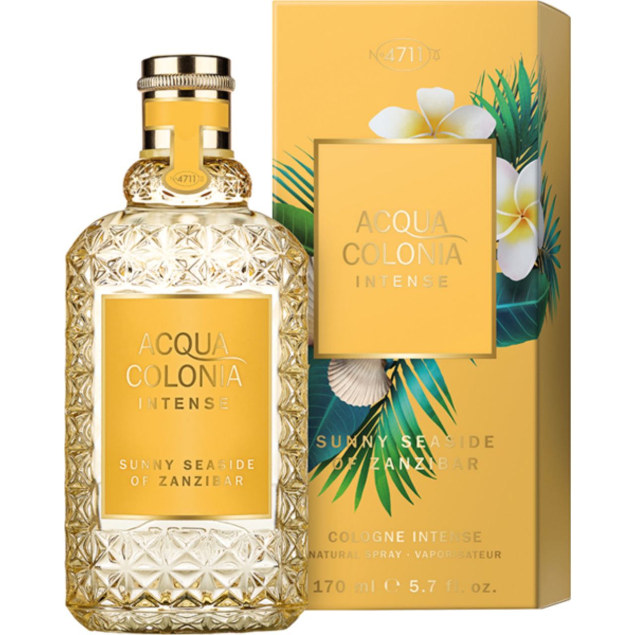 Flakon und Verpackung. Flakon mit gelbem Etikett. Verpackung mit floralem Design. Aufschrift: Acqua Colonia Intense.