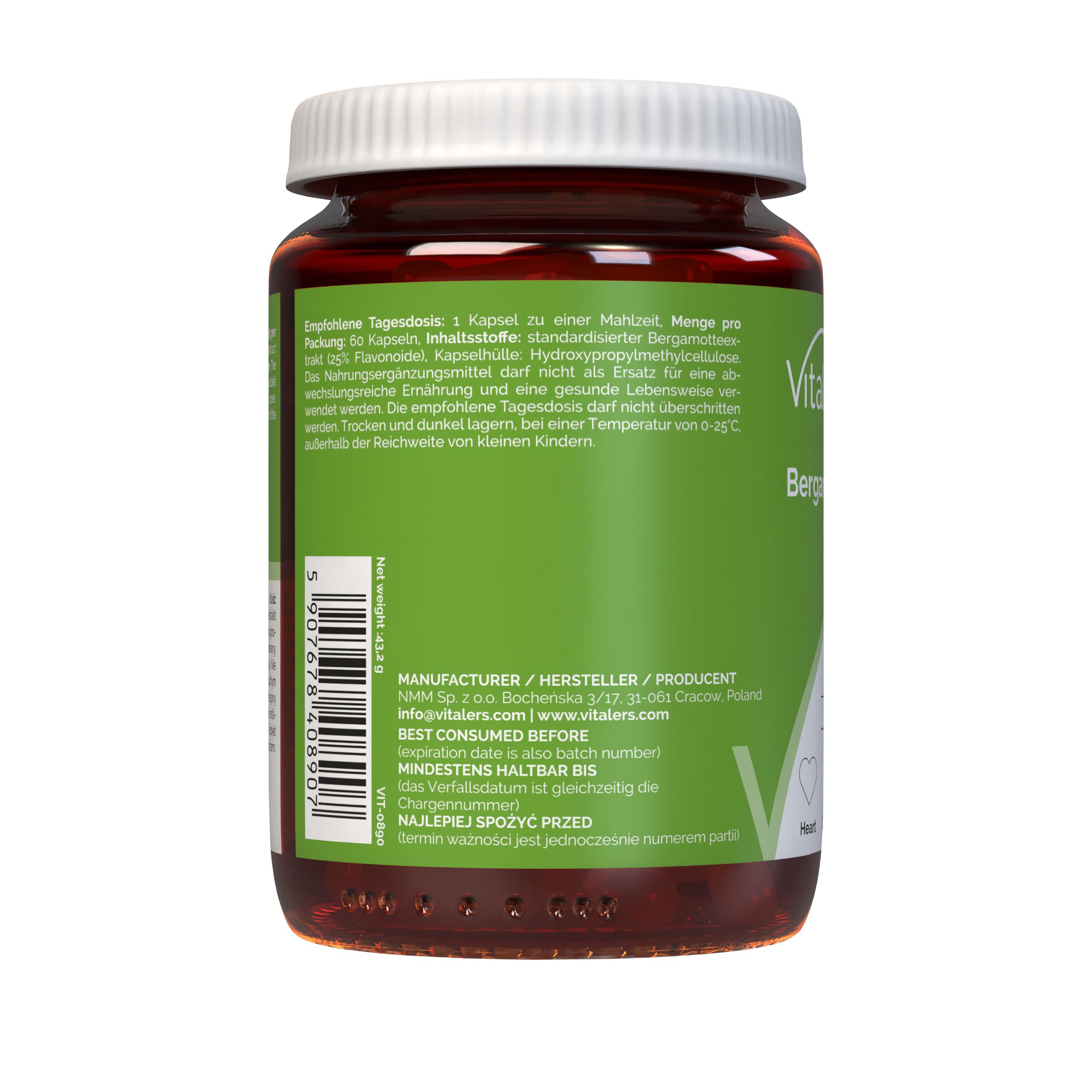Vitaler’s Bergamotte 600 mg: Herstellerinformationen und Mindesthaltbarkeitsdatum auf der Rückseite des Etiketts.