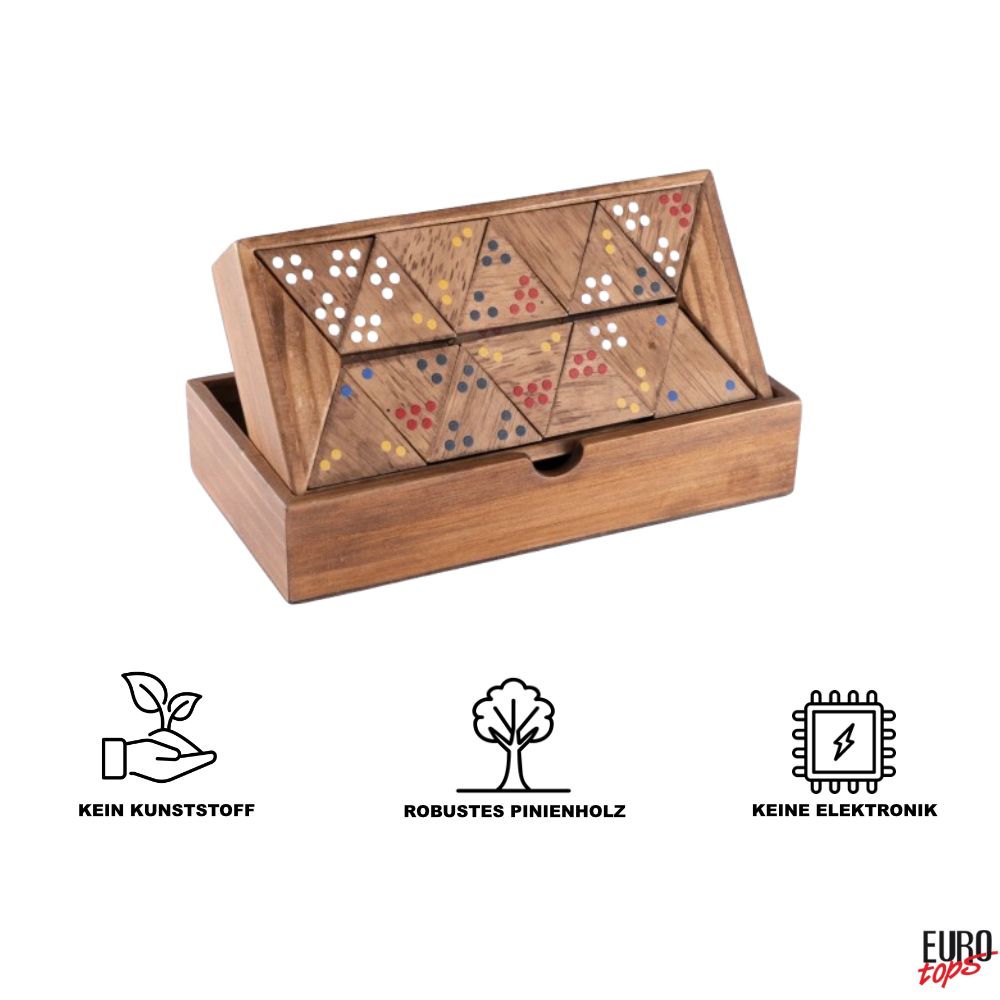 Holz-Dominospiel mit 56 dreieckigen Spielsteinen in einer Holzbox. Punkte sind farbig markiert.