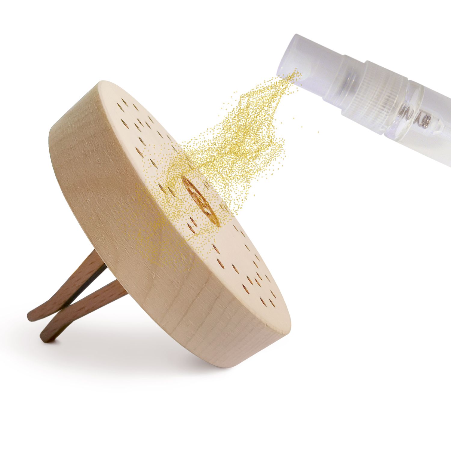 Runder Holzduftspender mit Löchern. Sprühflasche sprüht gelbes Material auf den Spender.