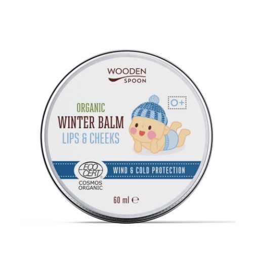Runde Dose mit Deckel. Aufschrift: Wooden Spoon, Organic Winter Balm Lips & Cheeks. Baby-Illustration. Eco Cert Cosmos Organic.