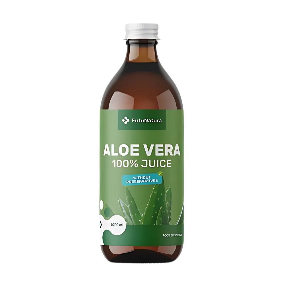 Braune Glasflasche mit grünem Etikett. Aufschrift: Aloe Vera 100% Juice, ohne Konservierungsstoffe. Weißer Deckel.