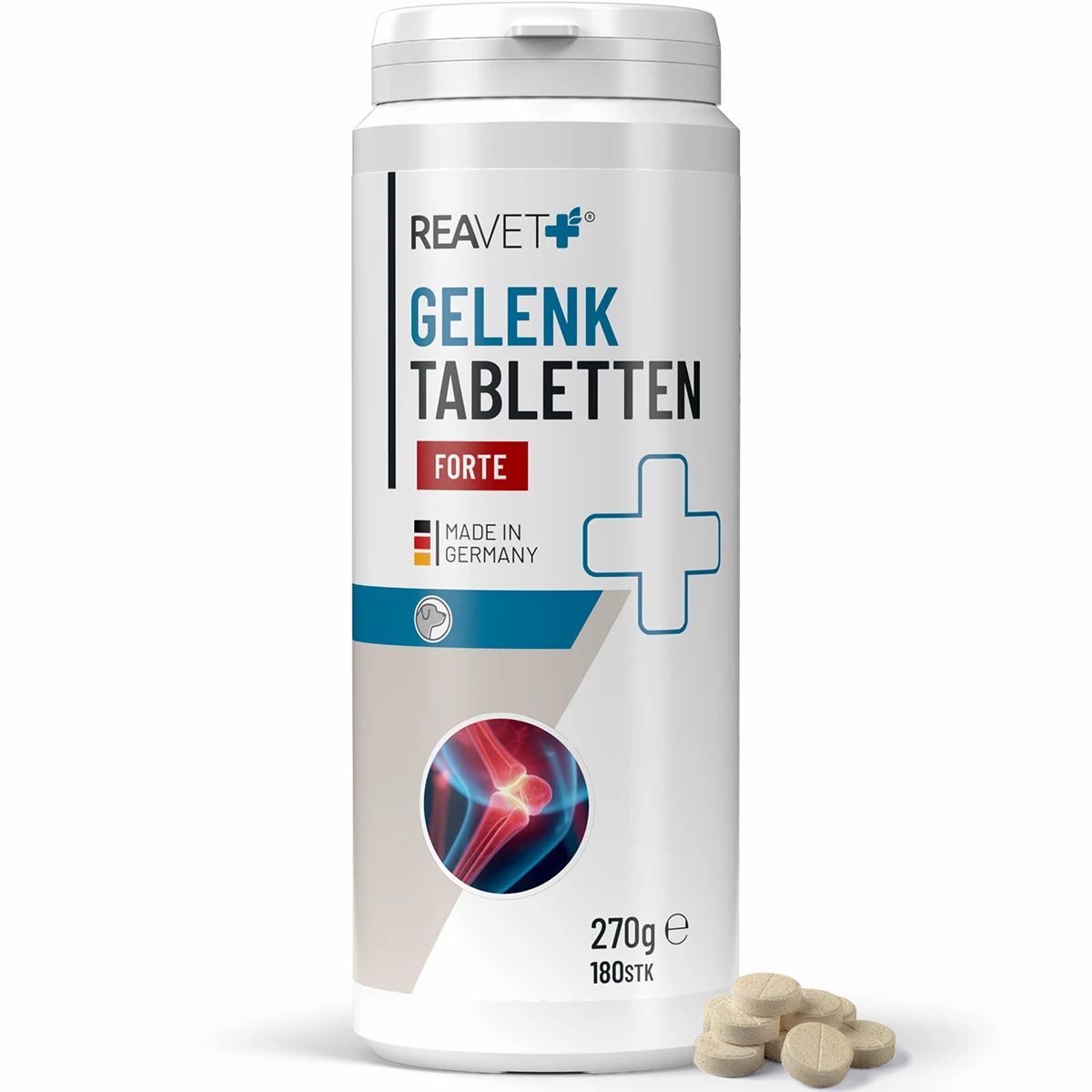Weiße Tablettendose mit blauer und roter Beschriftung. Text: REAVET Gelenktabletten Forte. 270g, 180 STK. Tabletten liegen daneben.