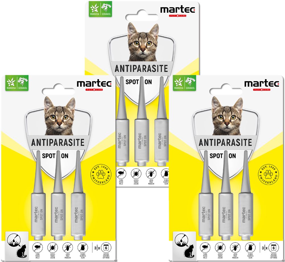 Drei Packungen Spot-On für Katzen. Jede Packung enthält drei Applikatoren. Aufdruck: Antiparasit, martec.