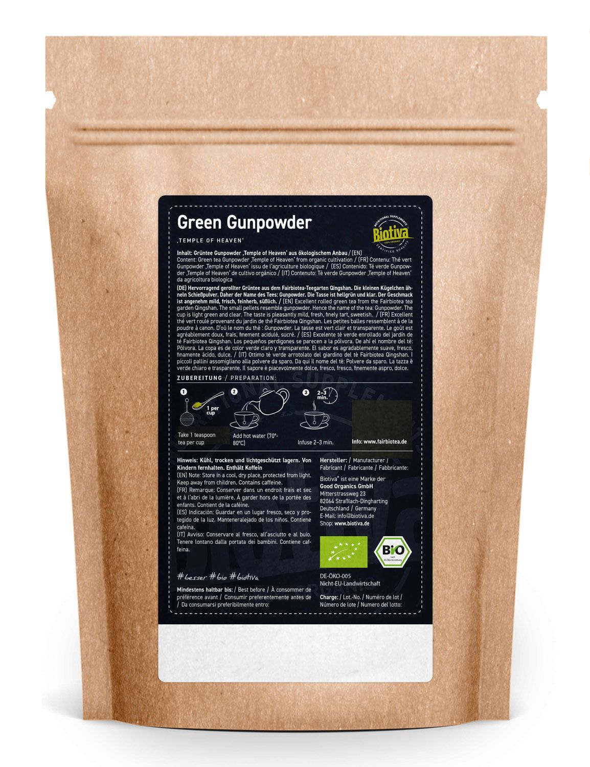 Braune Tüte mit schwarzem Etikett. Aufschrift: Green Gunpowder, Temple of Heaven. Bio-Siegel. Text in mehreren Sprachen.