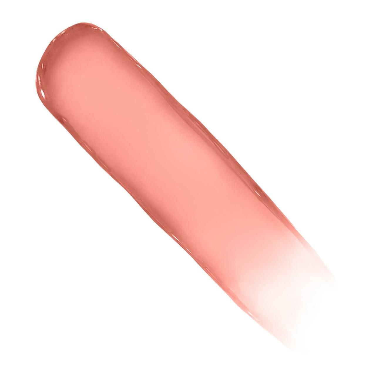 Ein schräger, rosafarbener Lippenbalsam-Abstrich auf weißem Hintergrund. Der Abstrich verläuft von dick zu dünn, mit einem glänzenden Finish.