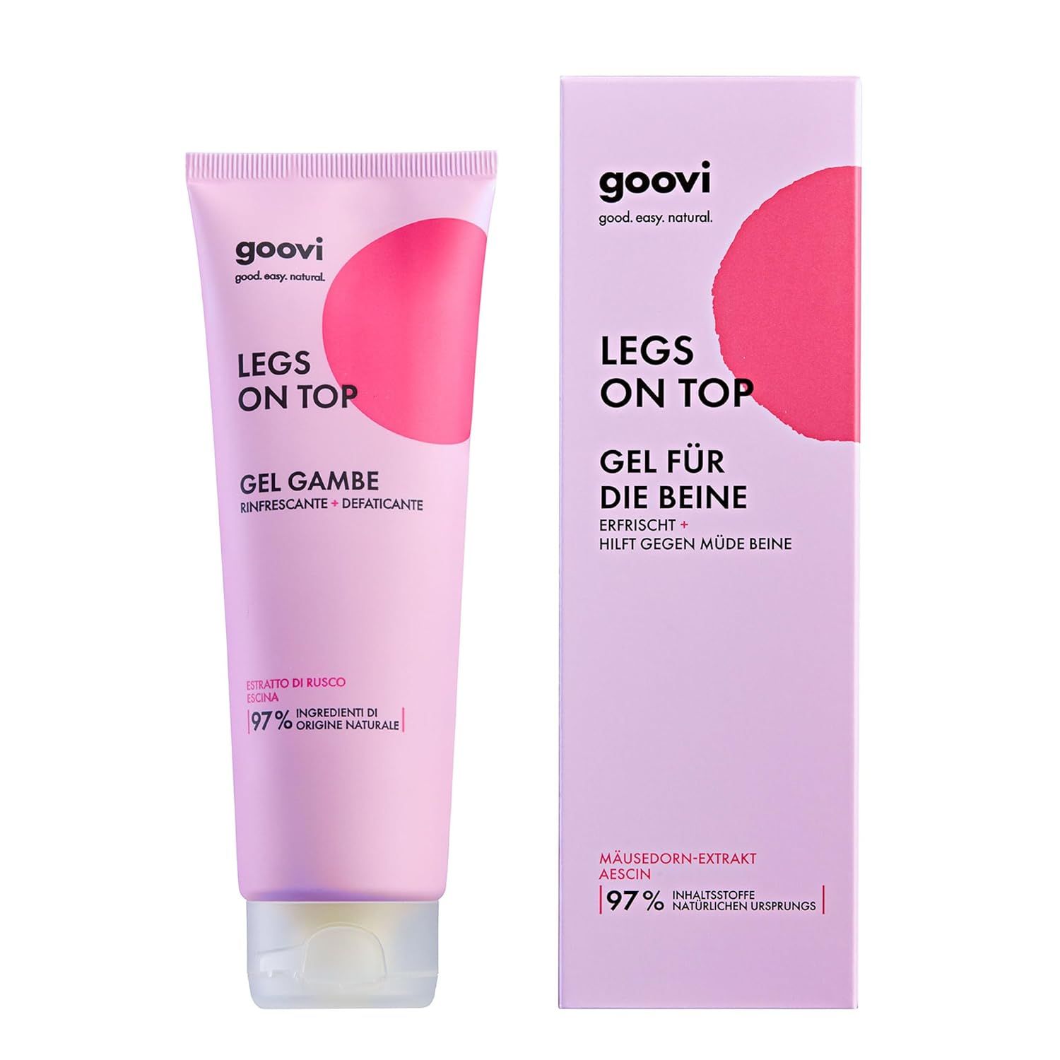 Rosa Tube und Schachtel mit Produktnamen und Logo. Text: Legs On Top, Gel für die Beine. 97% Inhaltsstoffe natürlichen Ursprungs.