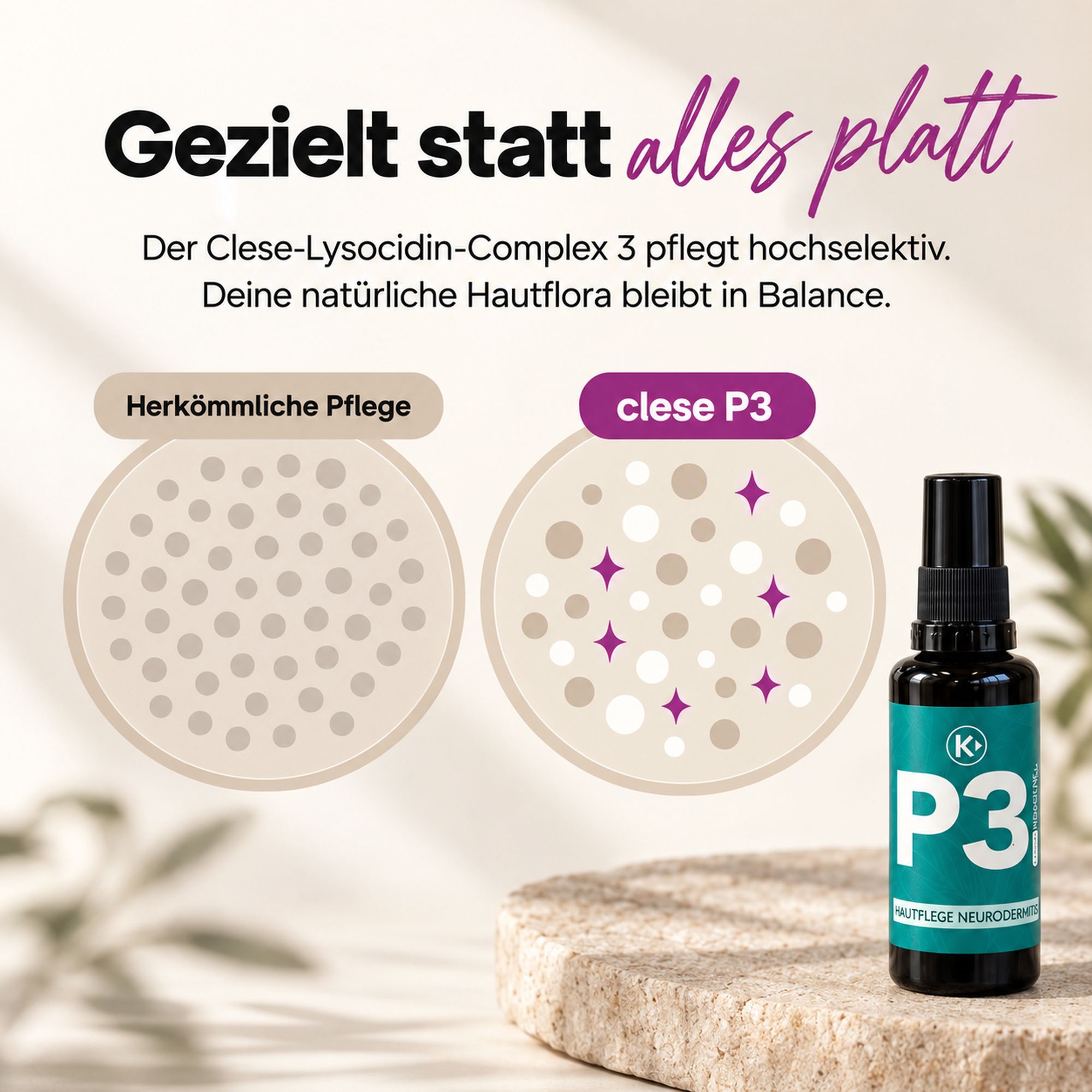 Vergleich: Herkömmliche Pflege vs. Clese P3 Spray. Hautflora im Gleichgewicht.
