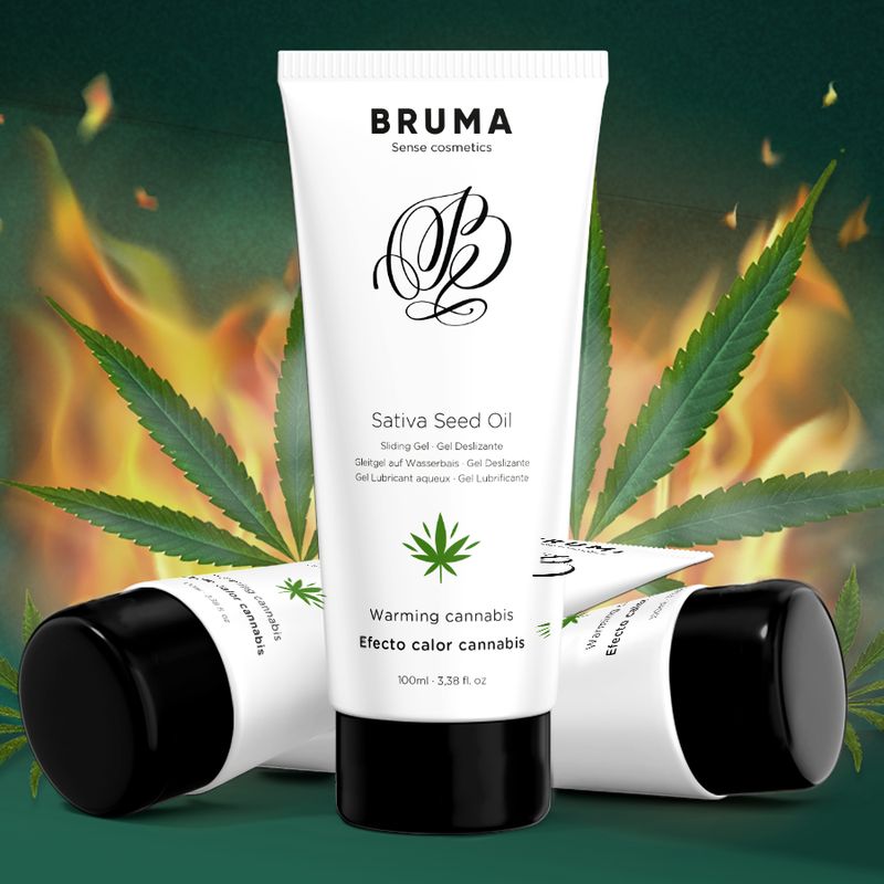Weiße Tube mit Sativa Seed Oil Aufschrift, schwarzem Deckel und Cannabisblatt-Symbol. Flammen im Hintergrund.