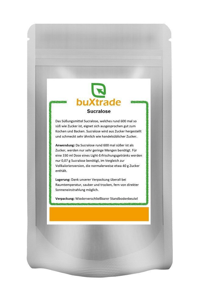 Beutel mit Sucralose. Weißer Beutel mit Etikett. Auf dem Etikett steht "buXtrade Sucralose".