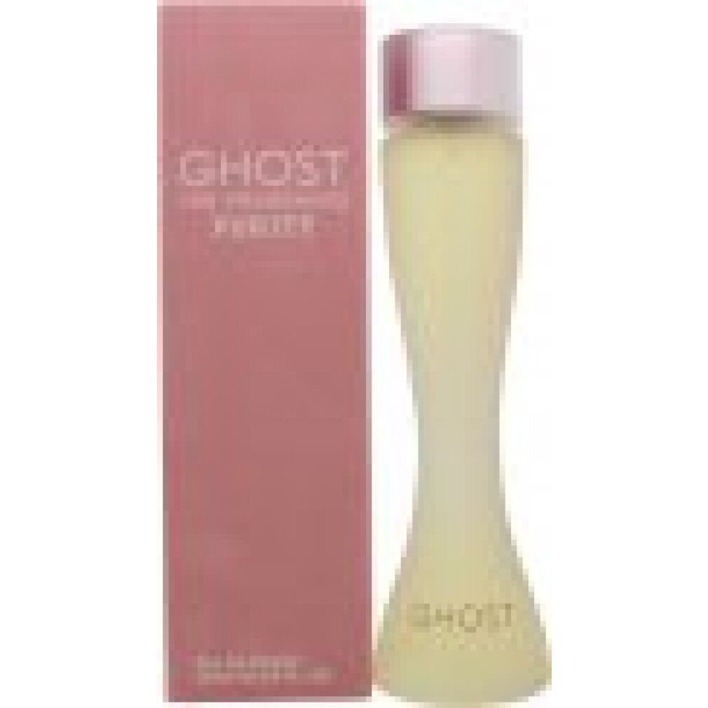 Parfümflakon und Verpackung. Flakon mit rosa Verschluss, hellgelber Flüssigkeit. Rosa Verpackung mit Produktnamen.