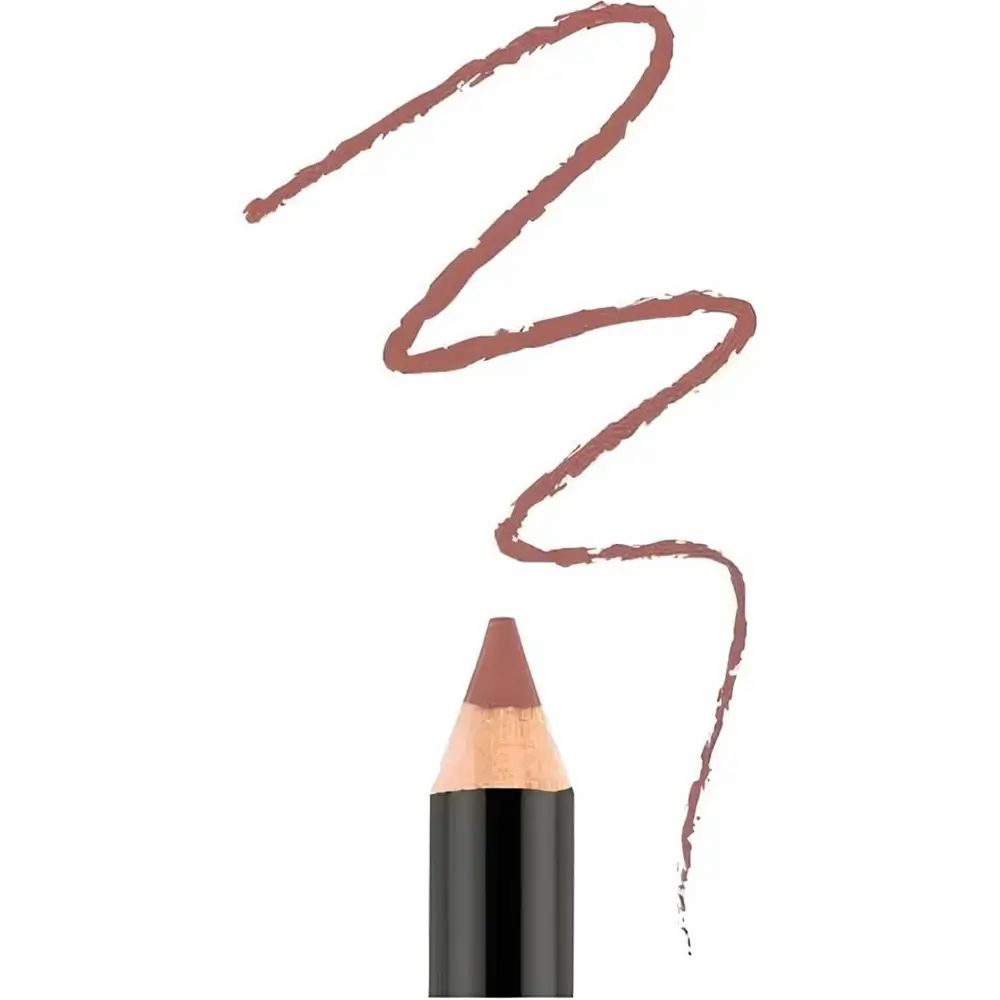 Braun-rosa Lippenstiftspitze mit Strich. Schwarzer Schaft. Holzfarbener Stift.