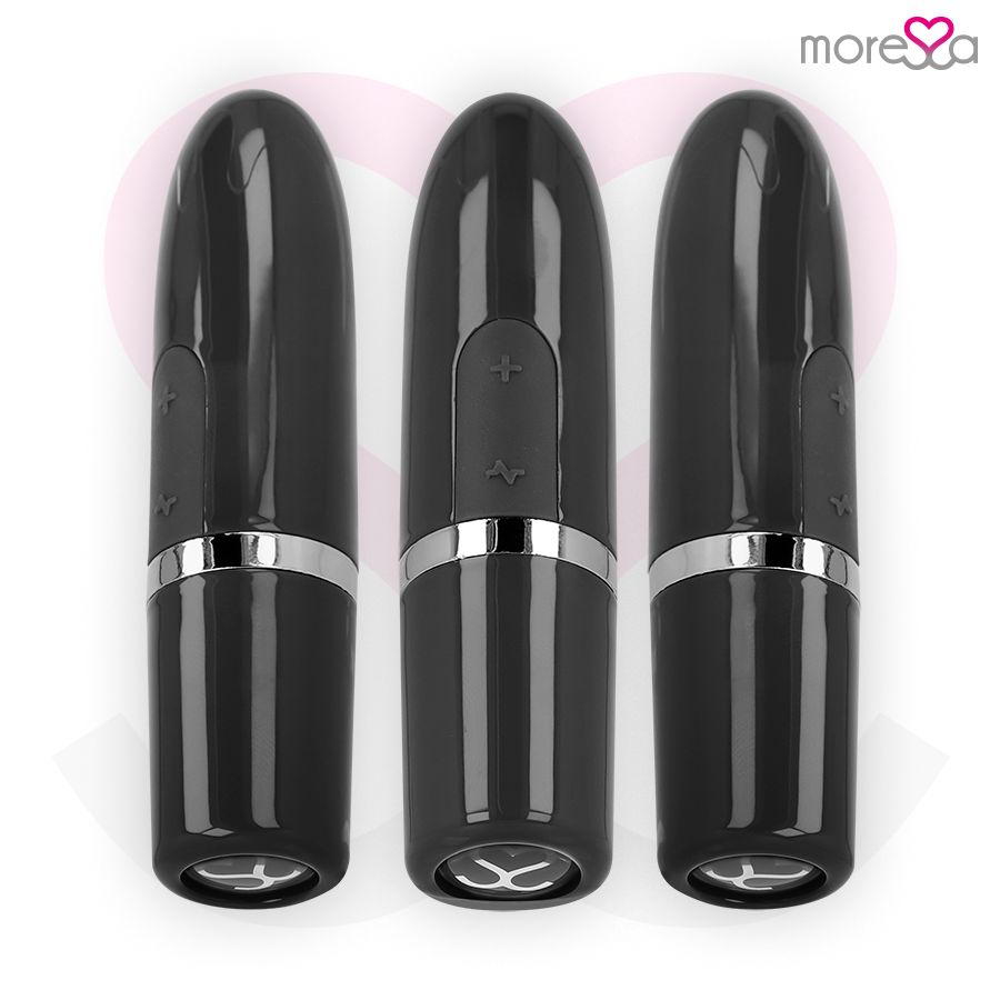 Drei schwarze, ovale Stimulatoren mit silbernen Ringen und Bedienfeldern. Marke: Moressa.