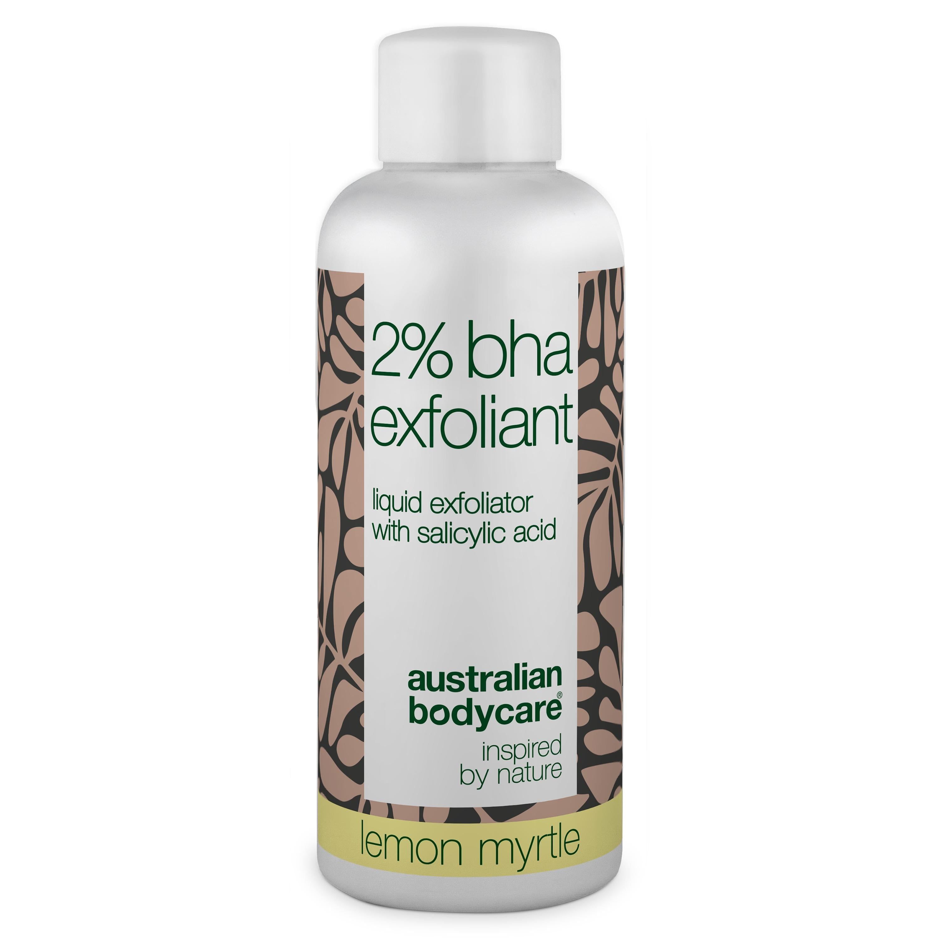 Weiße Flasche mit Etikett. Aufschrift: 2% BHA Exfoliant, Australian Bodycare, Lemon Myrtle.