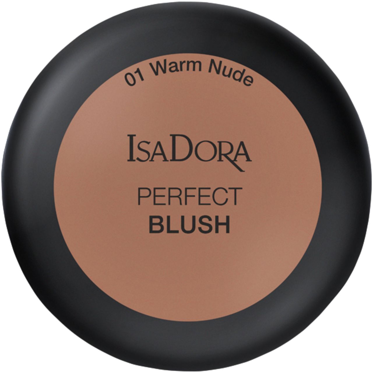 IsaDora Perfect Blush, Dose von oben. Schwarzer Behälter mit braunem Puder. Aufschrift: IsaDora, Perfect Blush, Farbton: 01 Warm Nude.