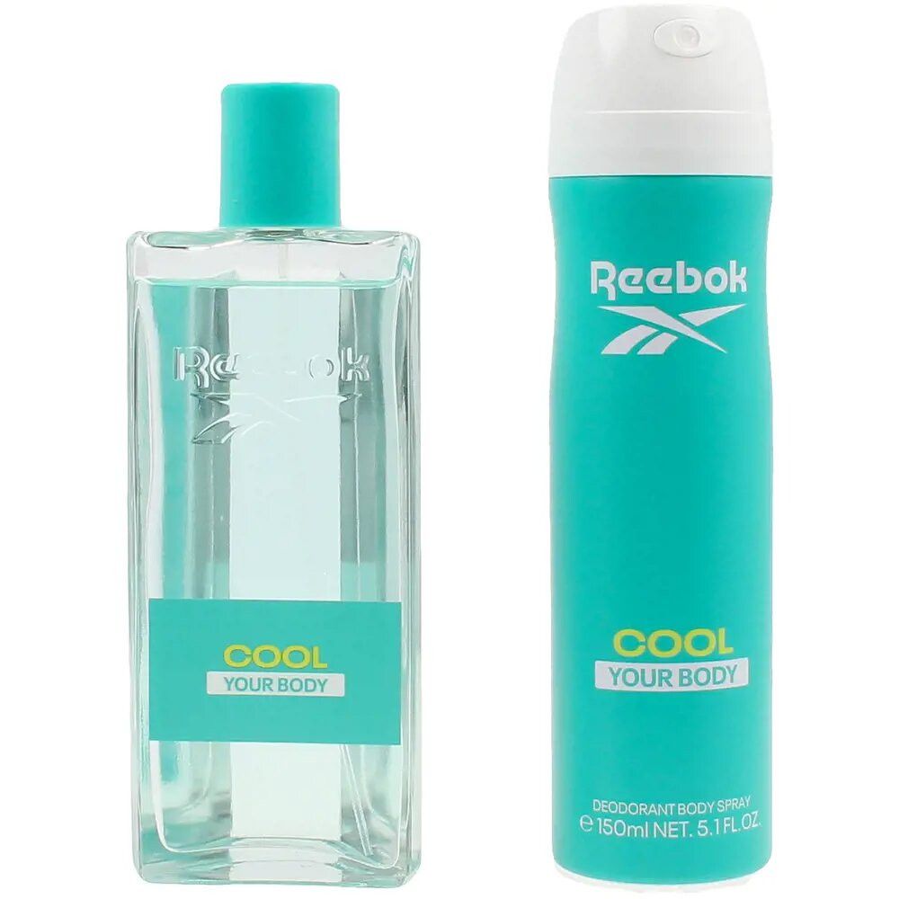 Reebok Cool-Set. Flakon und Deodorant-Spray in Türkis. Aufschrift: Cool Your Body. Logo: Reebok.