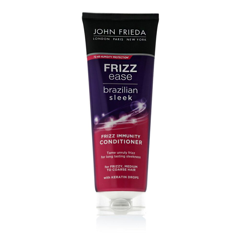 John Frieda Frizz-Ease Brazilian Sleek Conditioner. Tube mit lila, pink und weißer Beschriftung. Schwarzer Deckel. Klare Kappe.