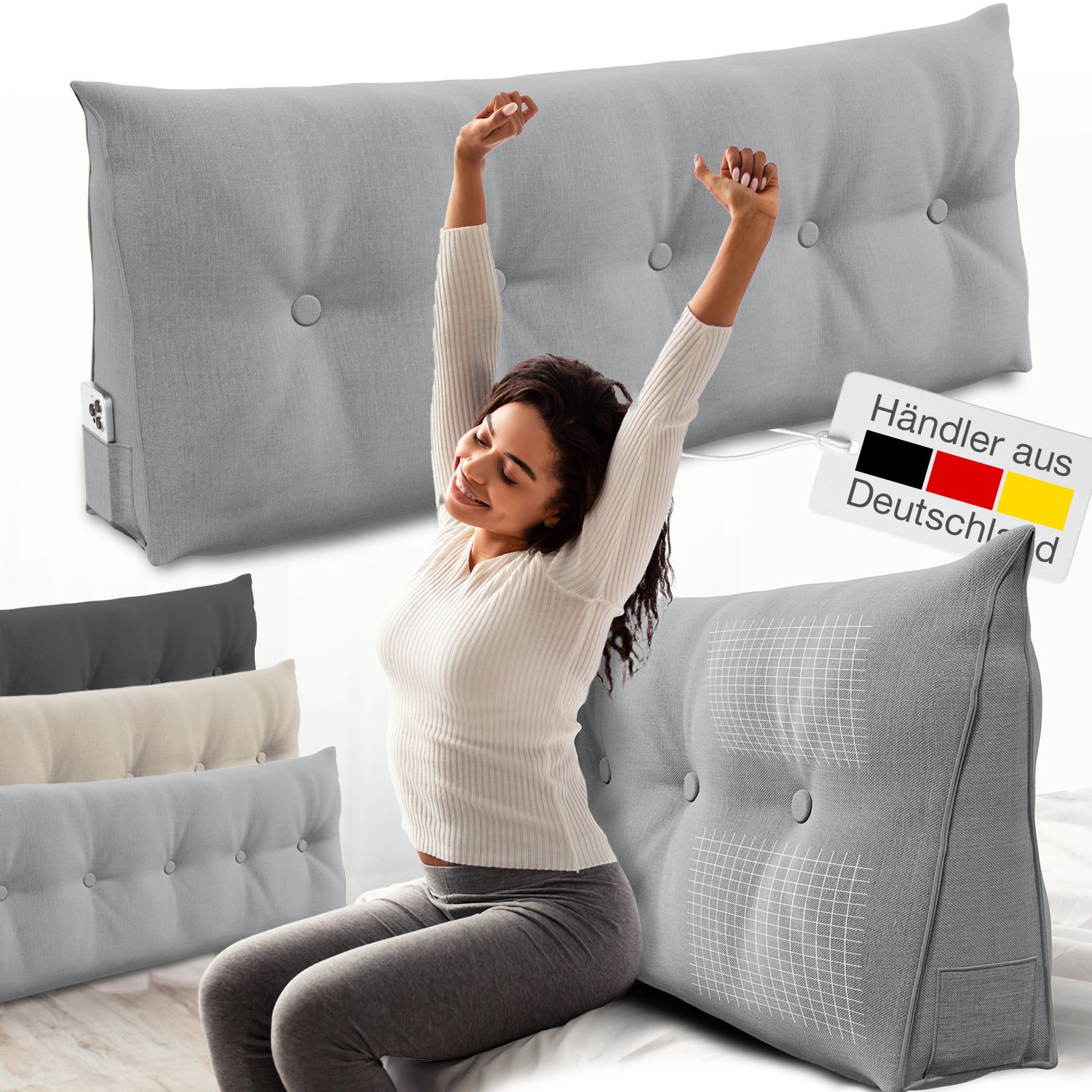 Graues Stützkissen mit Knöpfen. Mehrere Kissen in verschiedenen Farben. Frau dehnt sich. Schild "Händler aus Deutschland".