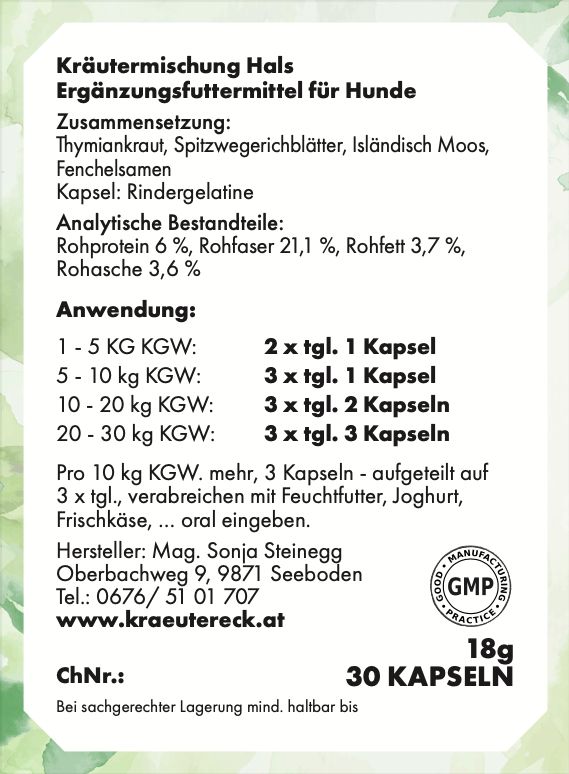 Rückseite der Kräuterkapseln-Verpackung. Text: Kräutermischung Hals, Ergänzungsfuttermittel für Hunde. Inhaltsstoffe, Anwendung, Hersteller.