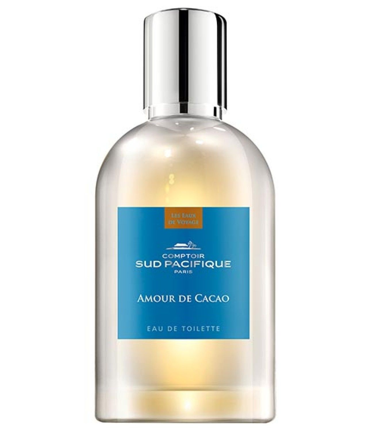 Parfümflakon mit silbernem Deckel. Blaues Etikett mit Text: Comptoir Sud Pacifique, Amour de Cacao, Eau de Toilette.