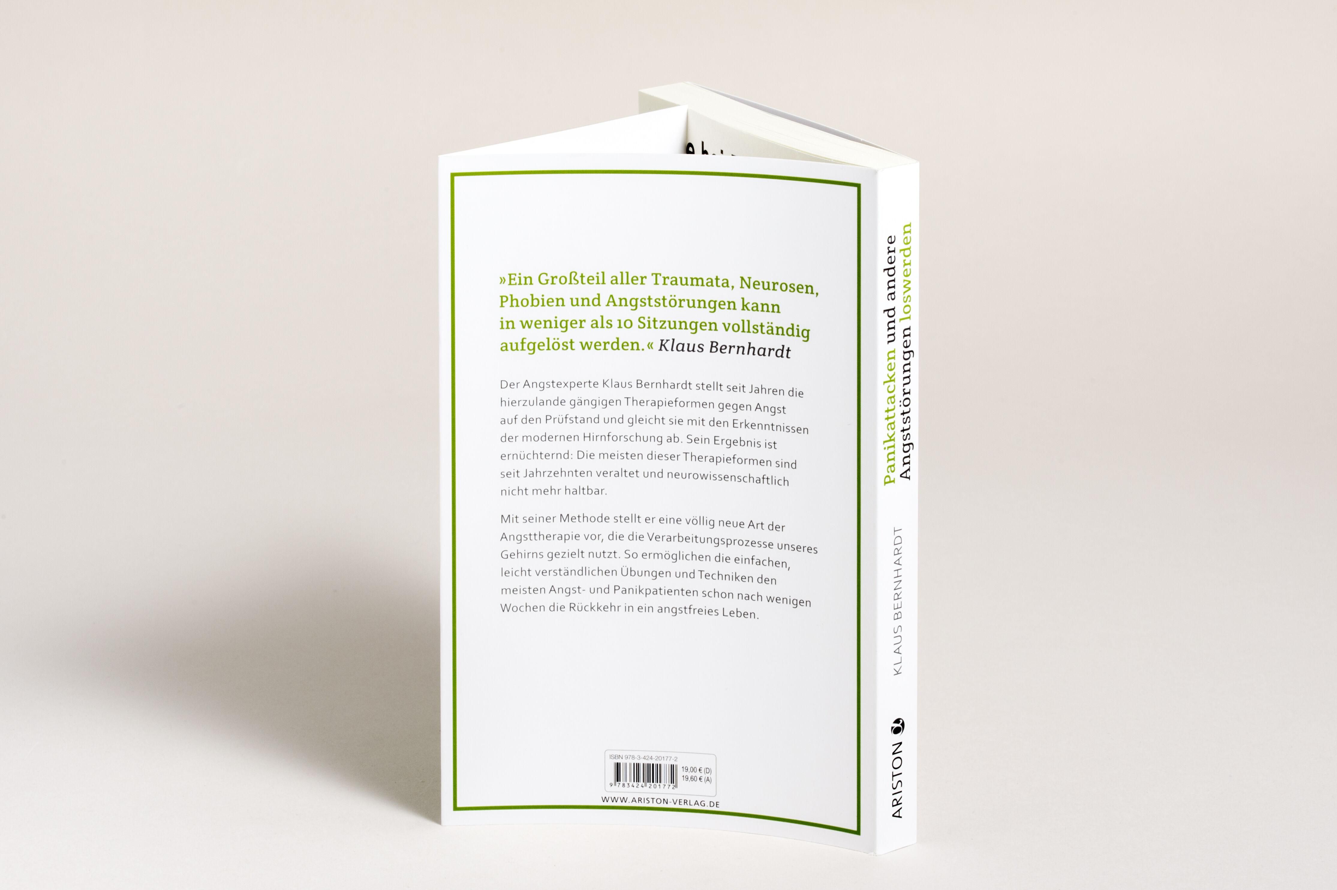 Buch, Rückseite mit Text. Titel: Panikattacken und andere Angststörungen loswerden. Autor: Klaus Bernhardt.