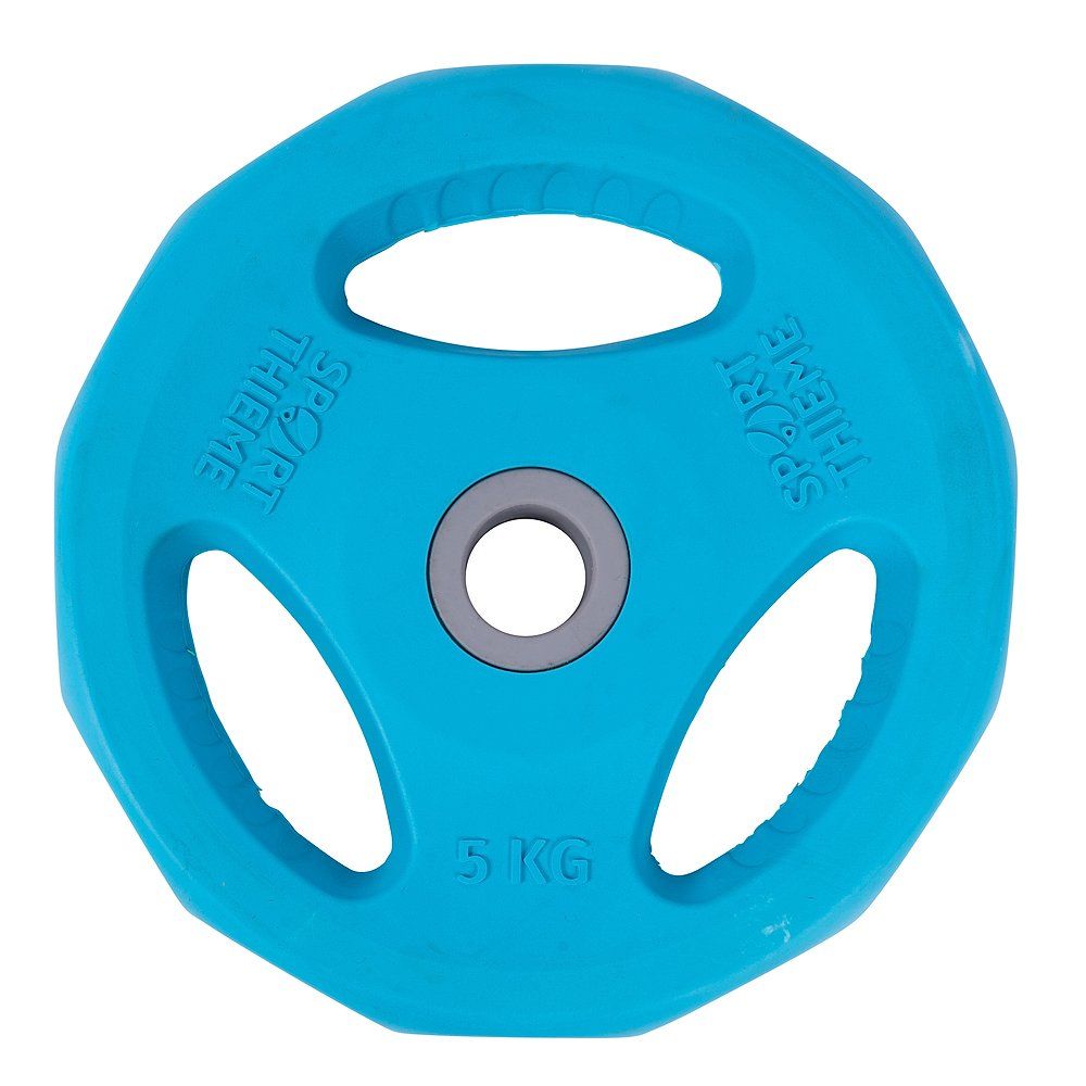 Blaue Hantelscheibe aus Gummi mit 5 kg Gewicht und Griffmulden. "SPORT THEME" eingeprägt.