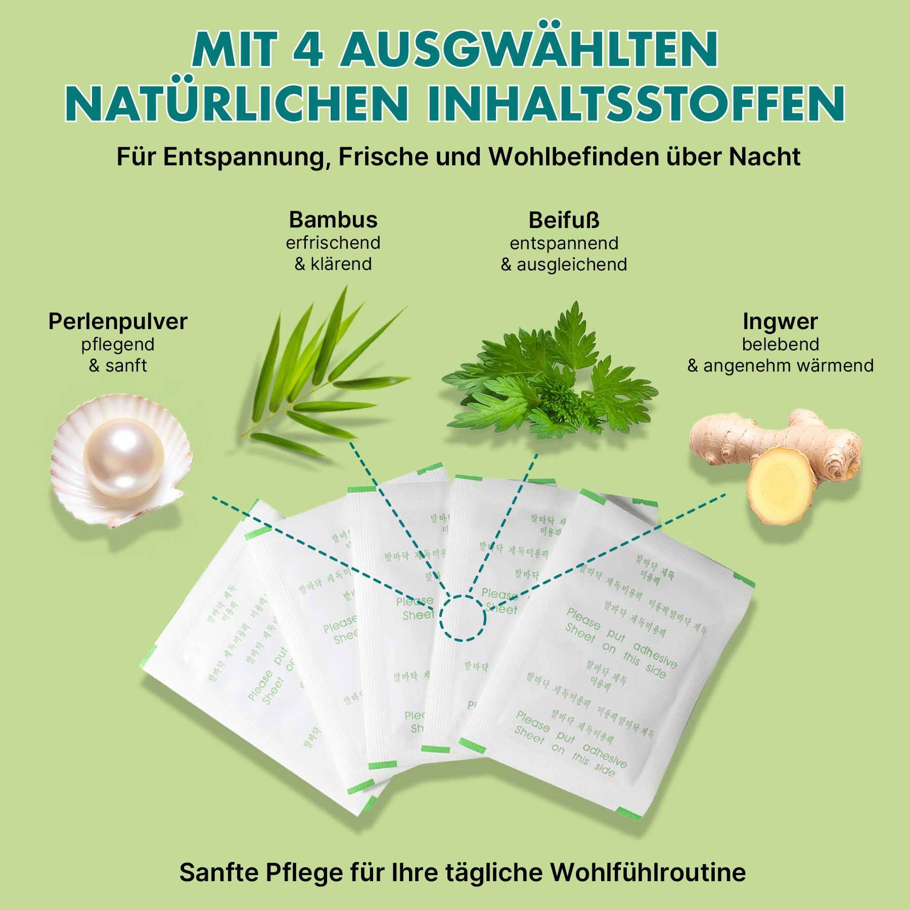 Vier Einzelpackungen mit Kräutern, Perlenpulver, Bambus und Ingwer.