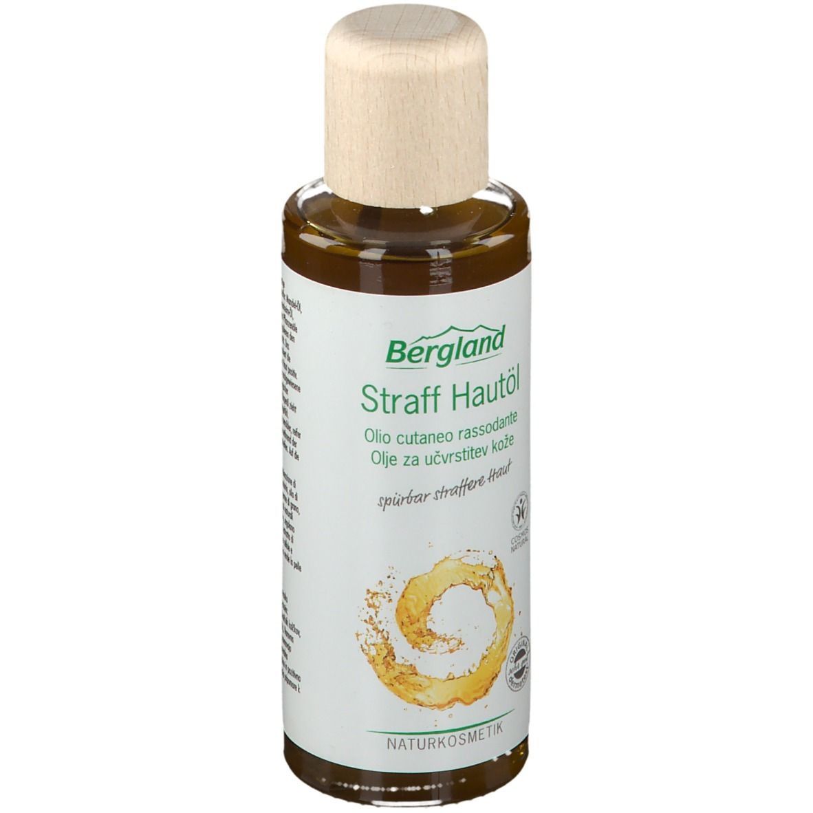 Bergland Straff Hautöl Flasche. Weißes Etikett mit Produktnamen und Logo. Holzfarbener Verschluss.